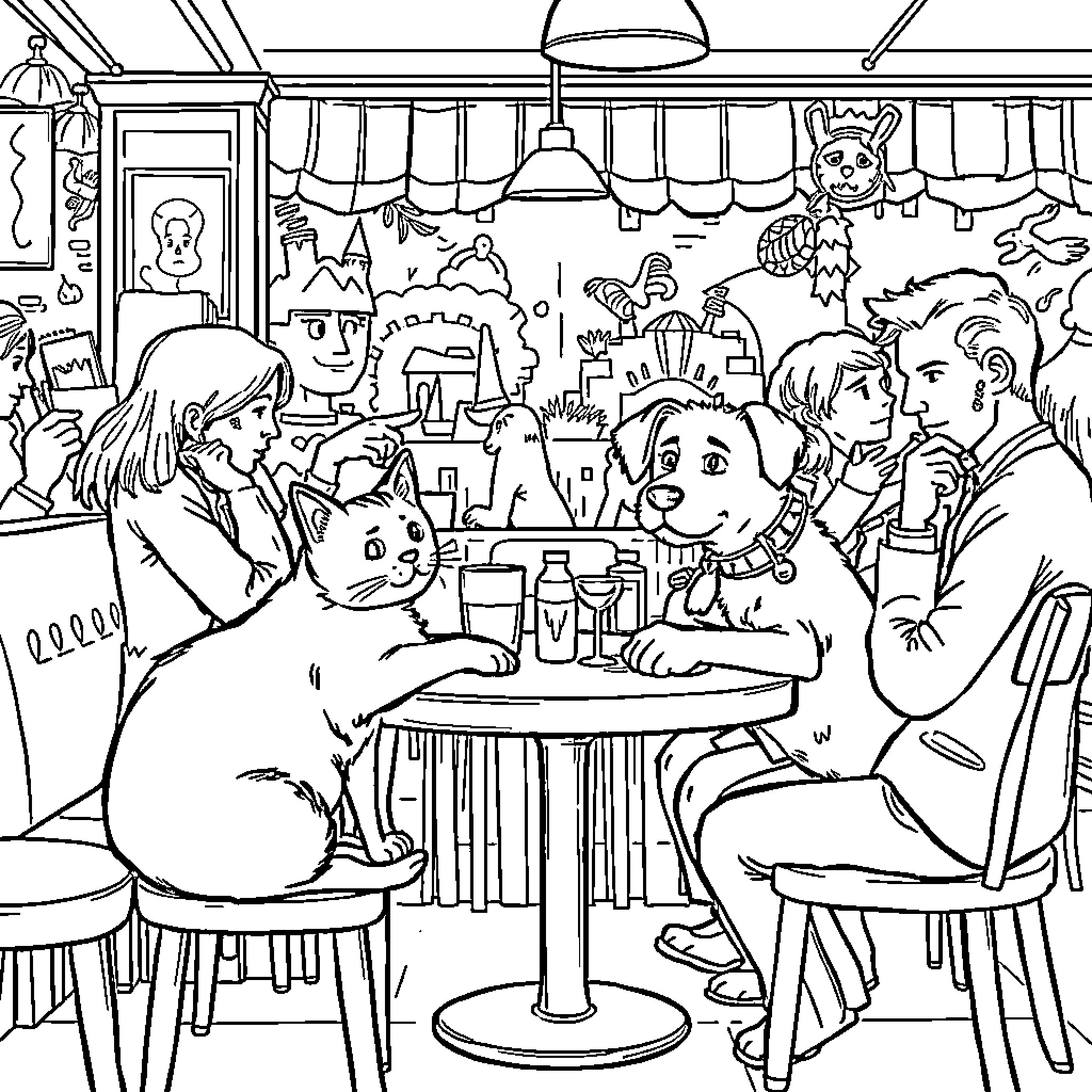 Cat and Dog Enjoying a Cozy Cafe Scene Coloring Page (free black-and-white line drawing printable PDF for all, from beginners to advanced learners, including children, teens, adults, and seniors)