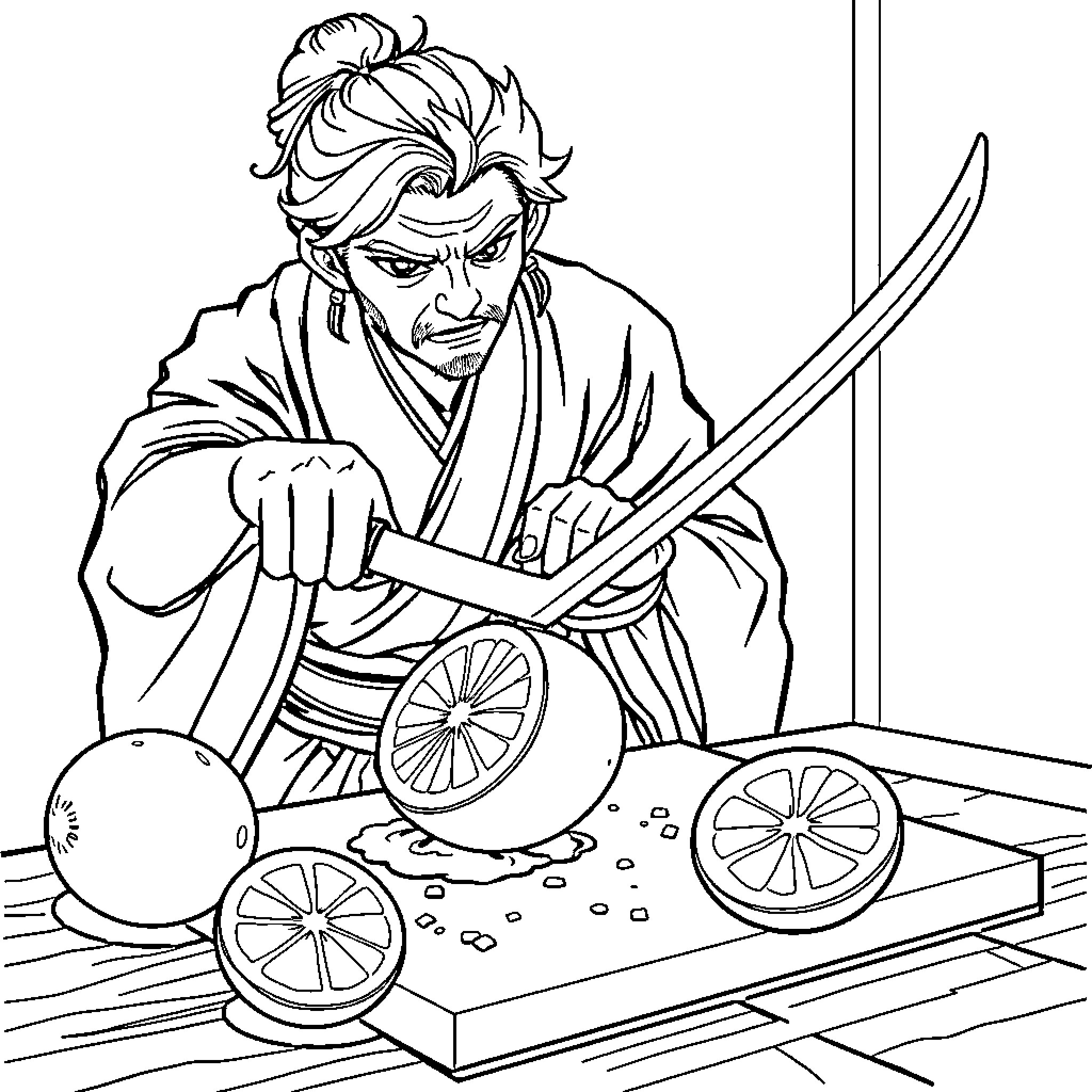 Tanjiro focused on slicing fruit with a knife Coloring Page (free black-and-white line drawing printable PDF for all, from beginners to advanced learners, including children, teens, adults, and seniors)