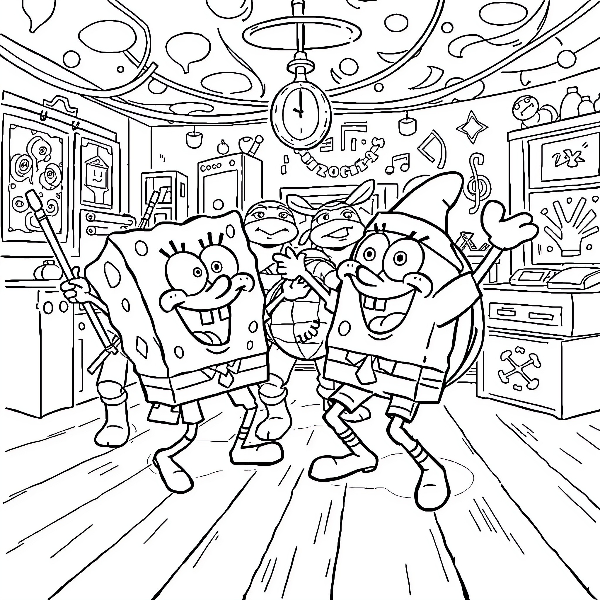 Spongebob and friends enjoying a lively celebration Coloring Page (free black-and-white line drawing printable PDF for all, from beginners to advanced learners, including children, teens, adults, and seniors)