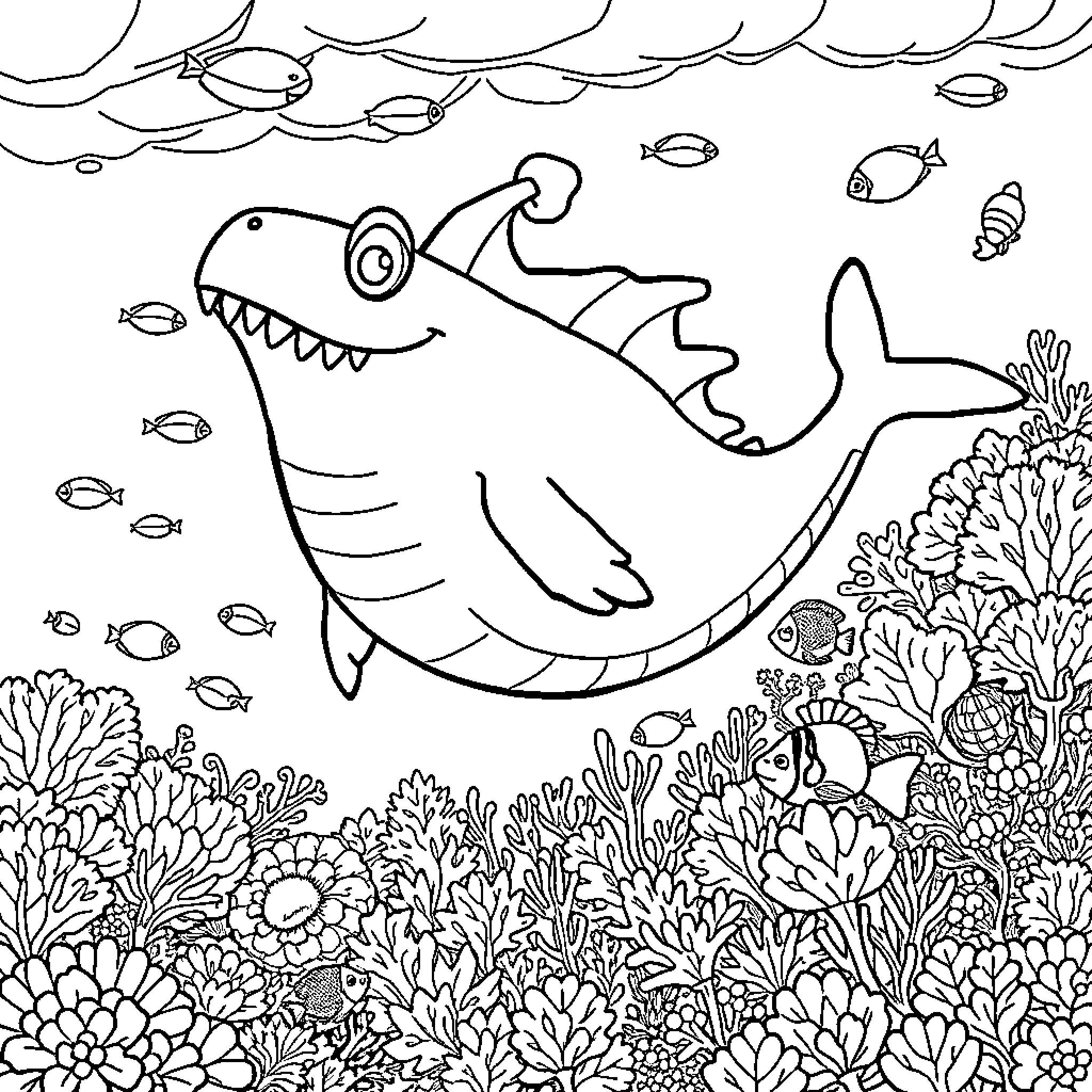 Sea Monster Hunting Smaller Fish in Vibrant Coral Reef Coloring Page (free black-and-white line drawing printable PDF for all, from beginners to advanced learners, including children, teens, adults, and seniors)