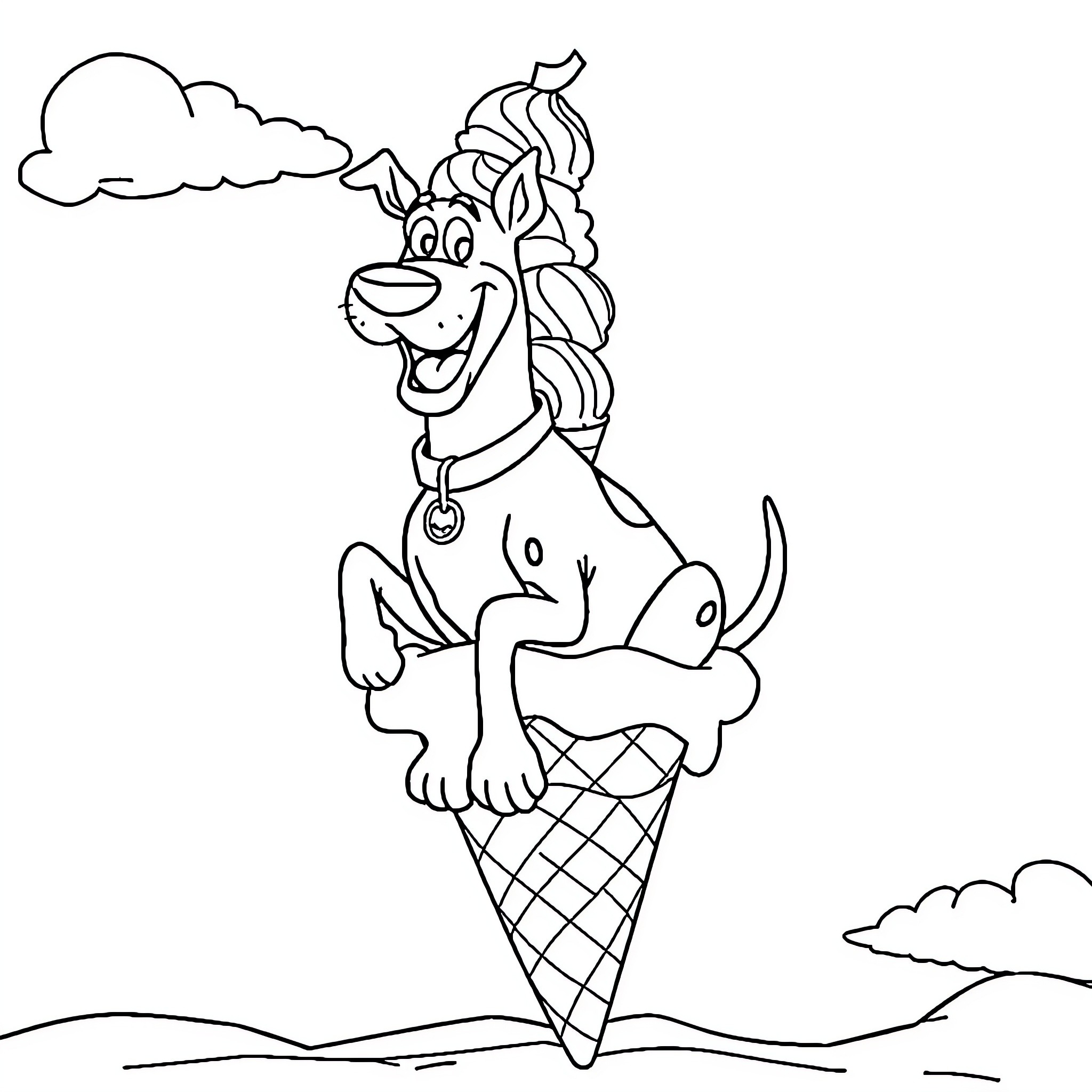 Scooby Doo Enjoying Playful Ice Cream Treat Coloring Page (free black-and-white line drawing printable PDF for all, from beginners to advanced learners, including children, teens, adults, and seniors)