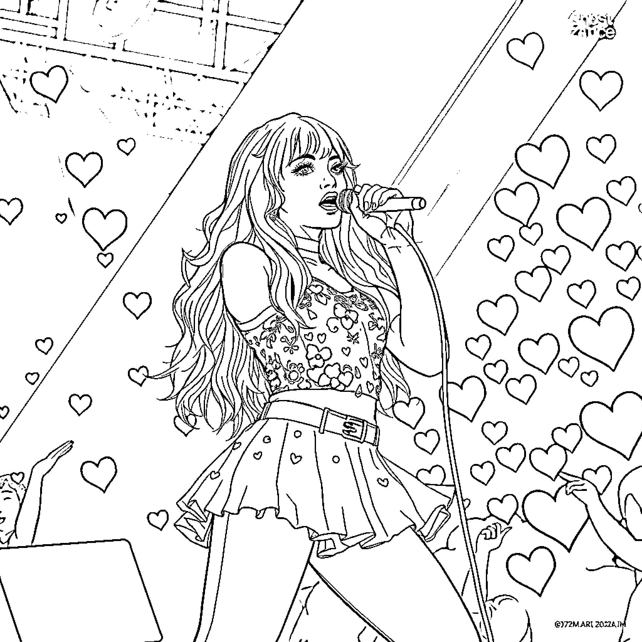 Gabby Guerreras performing on stage with hearts Coloring Page (free black-and-white line drawing printable PDF for all, from beginners to advanced learners, including children, teens, adults, and seniors)
