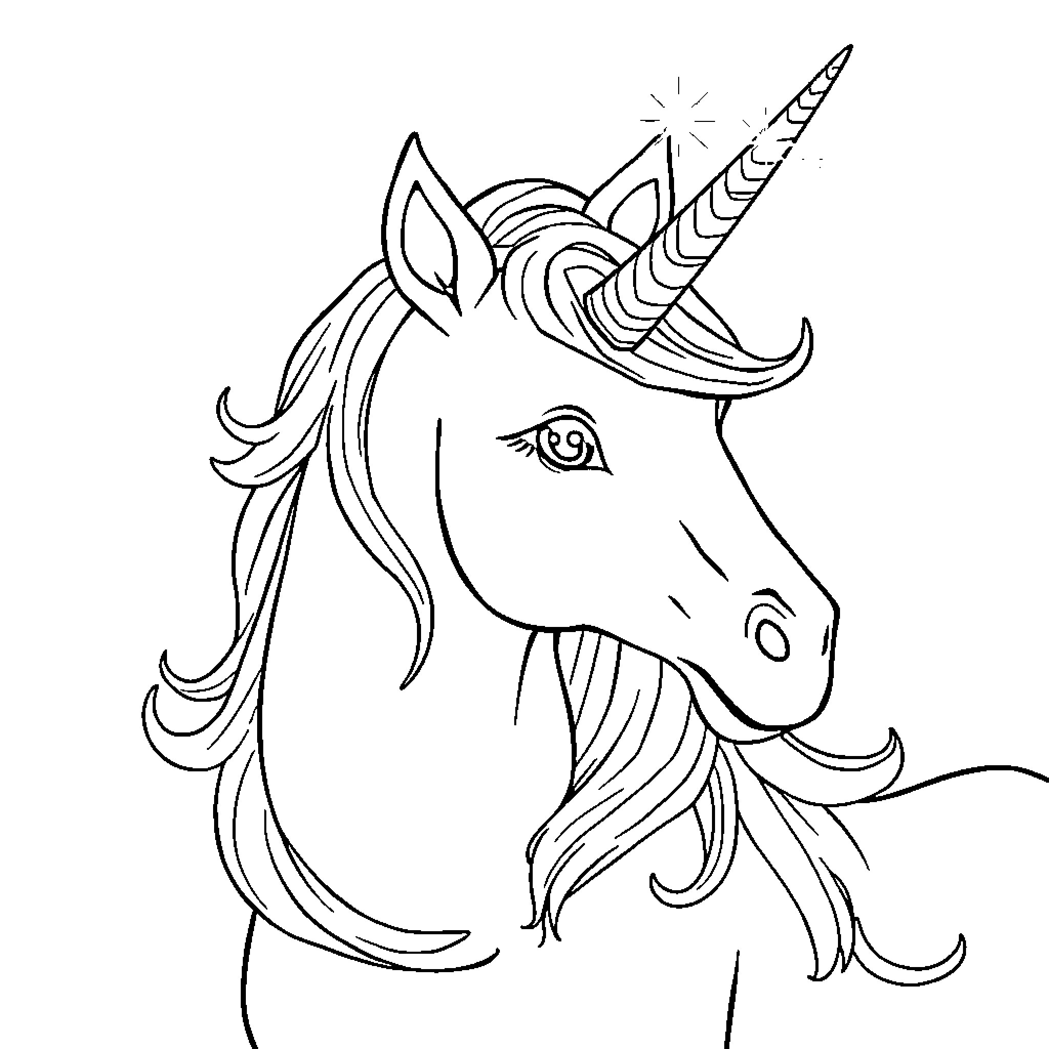 Unicorn with Elegant Flowing Mane and Horn Coloring Page (free black-and-white line drawing printable PDF for all, from beginners to advanced learners, including children, teens, adults, and seniors)