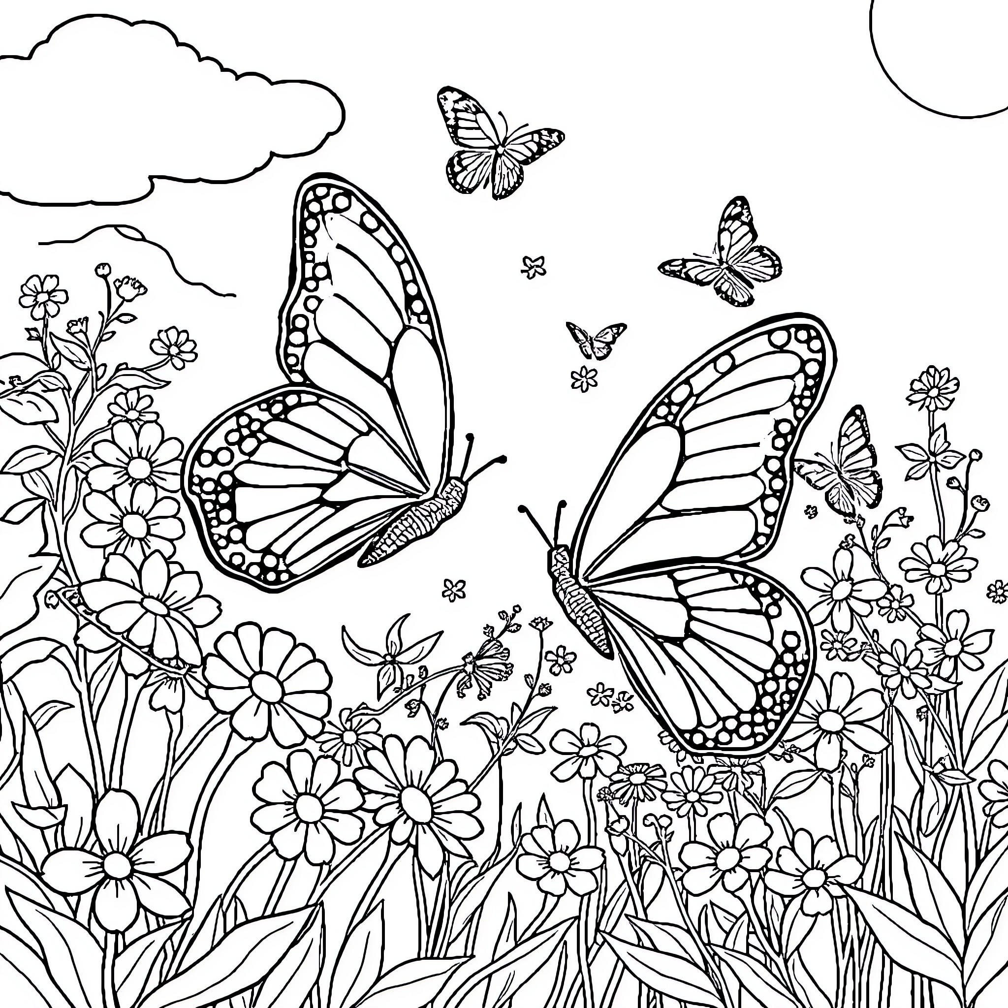 Butterfly Meadow with Vibrant Flowers and Fluttering Butterflies Coloring Page (free black-and-white line drawing printable PDF for all, from beginners to advanced learners, including children, teens, adults, and seniors)