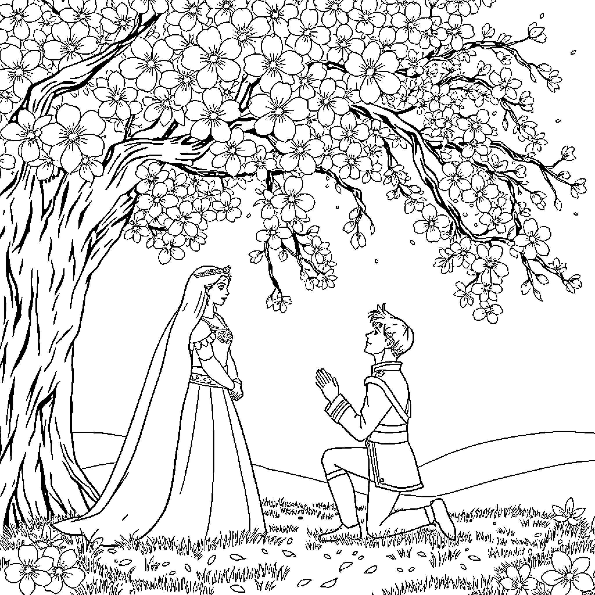 Prince proposing to lady under blossoming tree Coloring Page (free black-and-white line drawing printable PDF for all, from beginners to advanced learners, including children, teens, adults, and seniors)