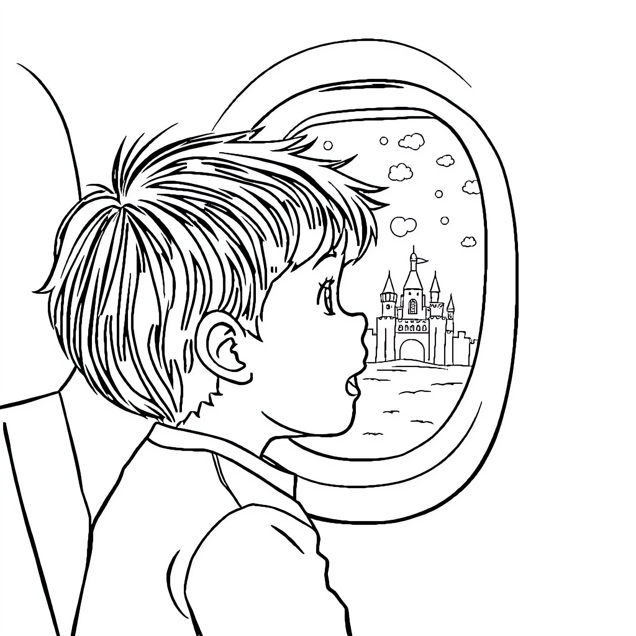 Child dreaming of a magical castle Coloring Page (free black-and-white line drawing printable PDF for all, from beginners to advanced learners, including children, teens, adults, and seniors)