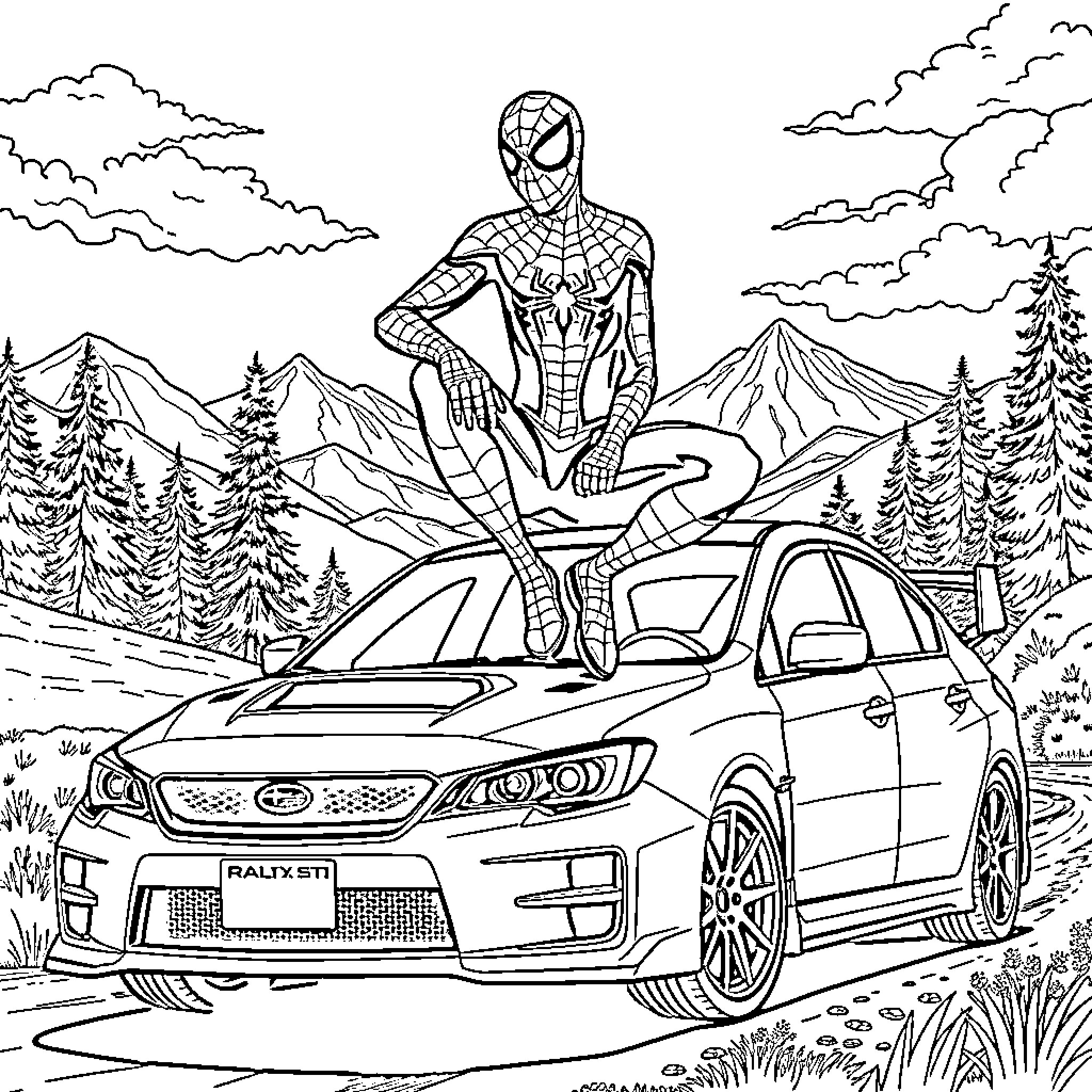 Spiderman's adventurous journey through the scenic mountains Coloring Page (free black-and-white line drawing printable PDF for all, from beginners to advanced learners, including children, teens, adults, and seniors)