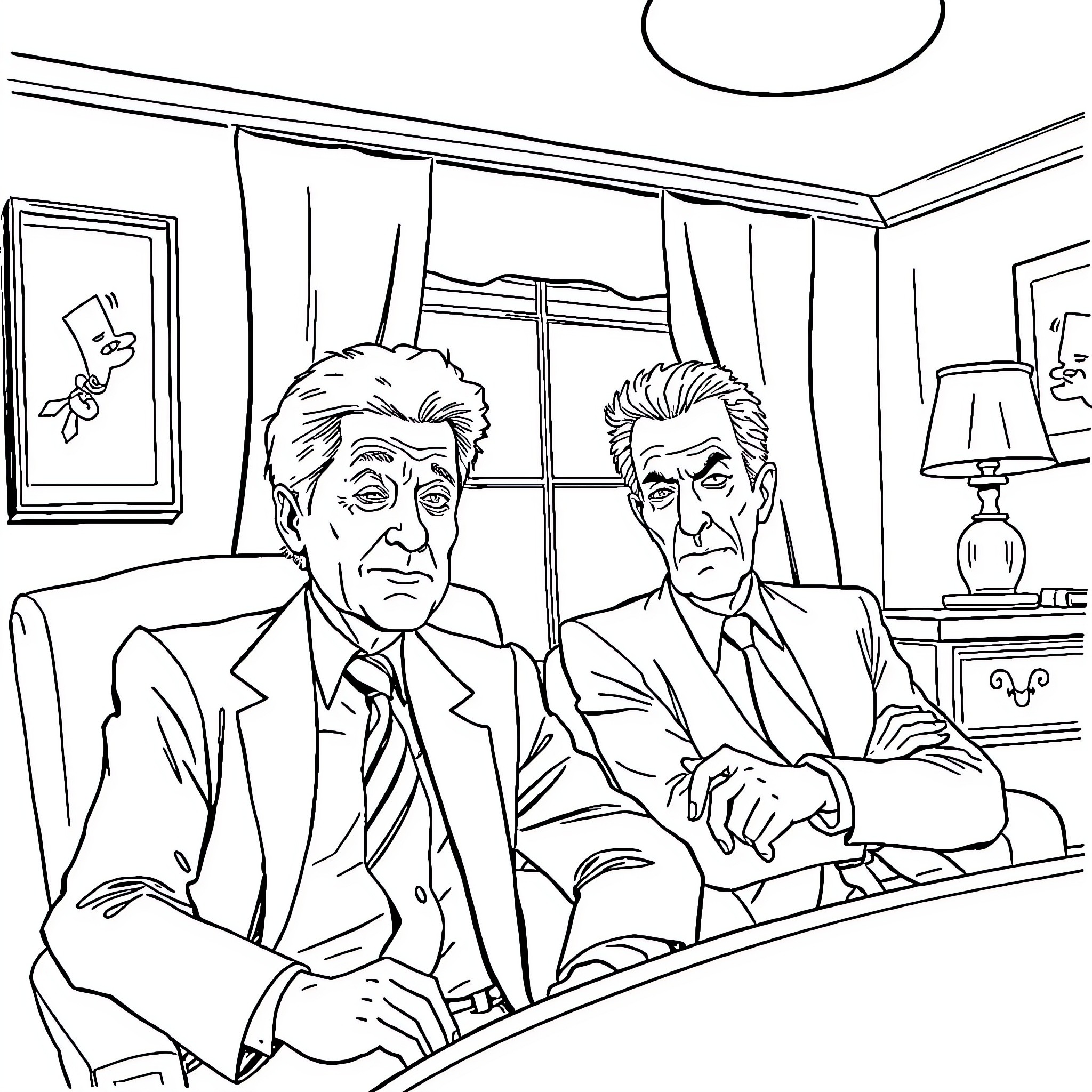 Bill Clinton and President in Formal Attire Coloring Page (free black-and-white line drawing printable PDF for all, from beginners to advanced learners, including children, teens, adults, and seniors)