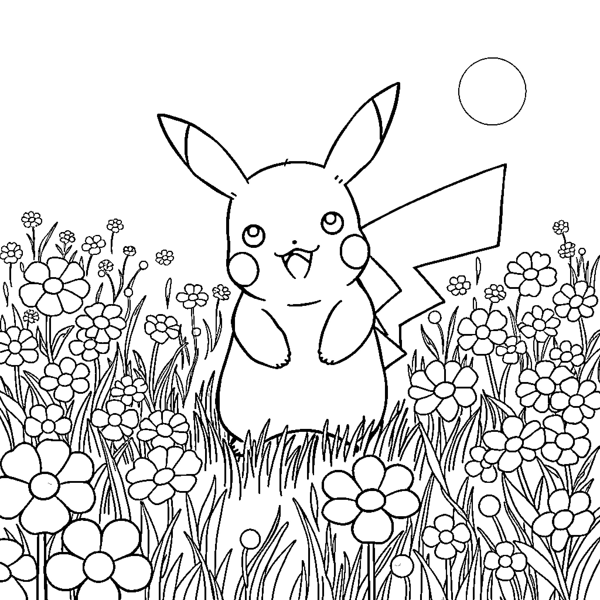 Pikachu playing amidst flowers and nature Coloring Page (free black-and-white line drawing printable PDF for all, from beginners to advanced learners, including children, teens, adults, and seniors)