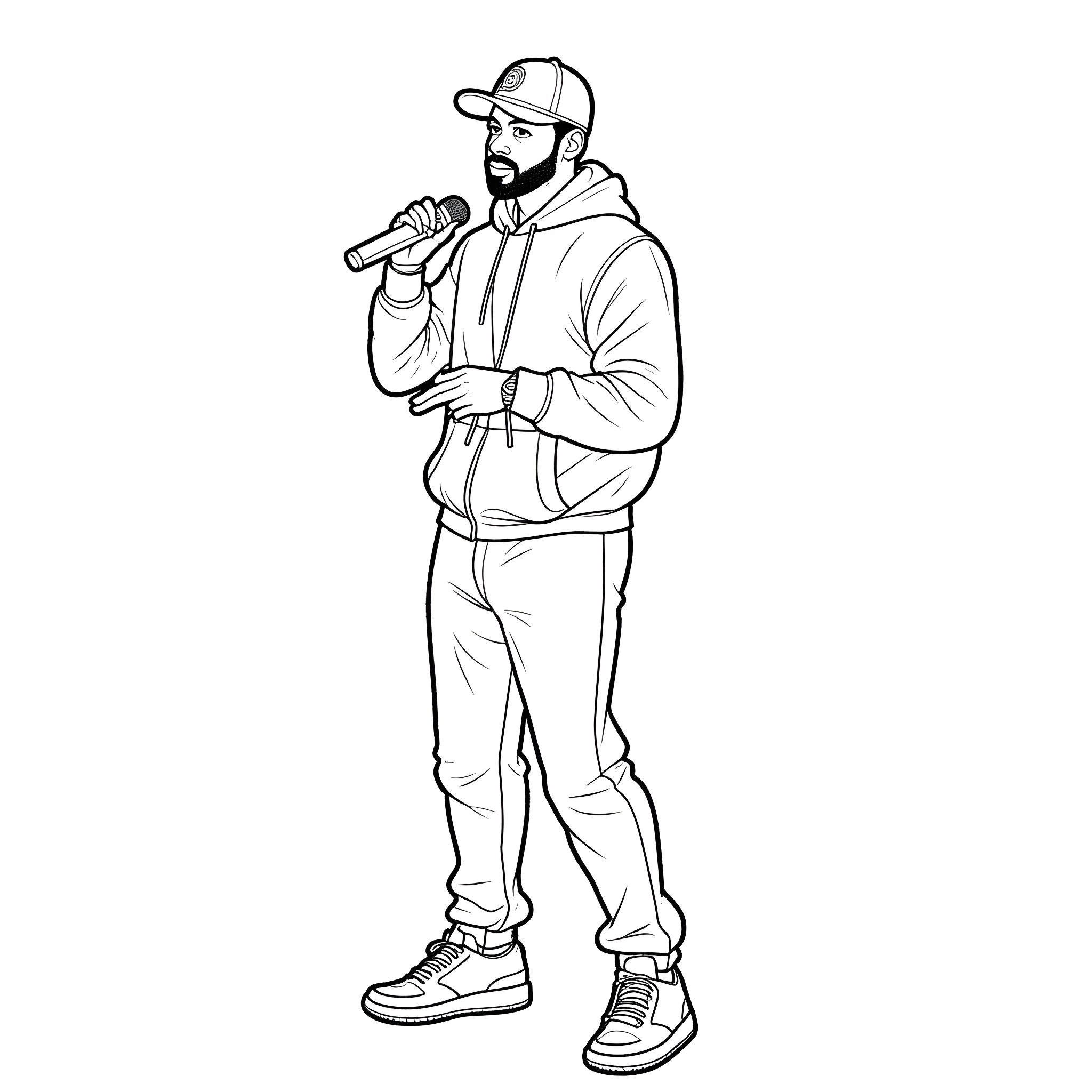 Kendrick Lamar performing on stage with microphone Coloring Page (free black-and-white line drawing printable PDF for all, from beginners to advanced learners, including children, teens, adults, and seniors)
