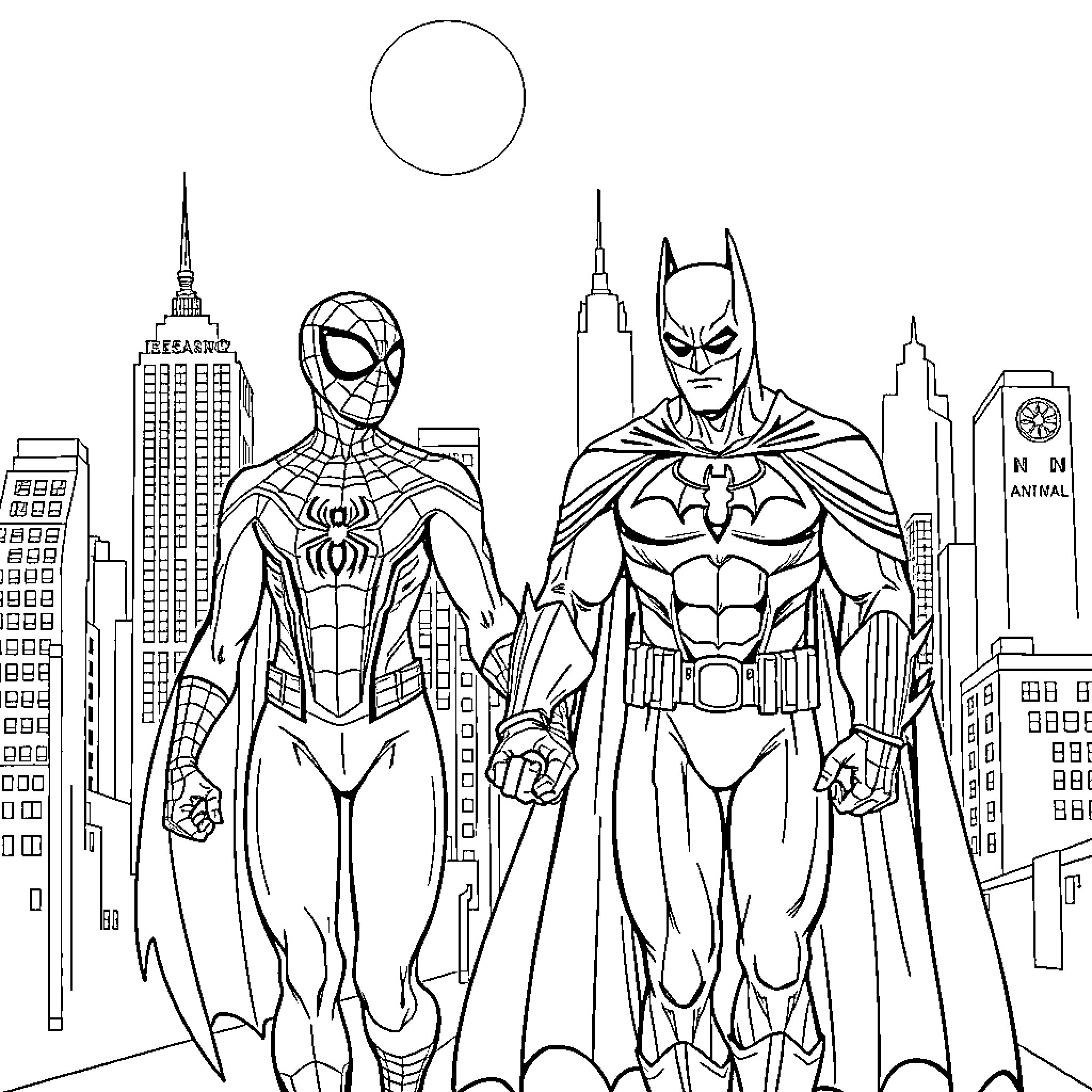Spiderman and Batman team up to protect the city Coloring Page (free black-and-white line drawing printable PDF for all, from beginners to advanced learners, including children, teens, adults, and seniors)