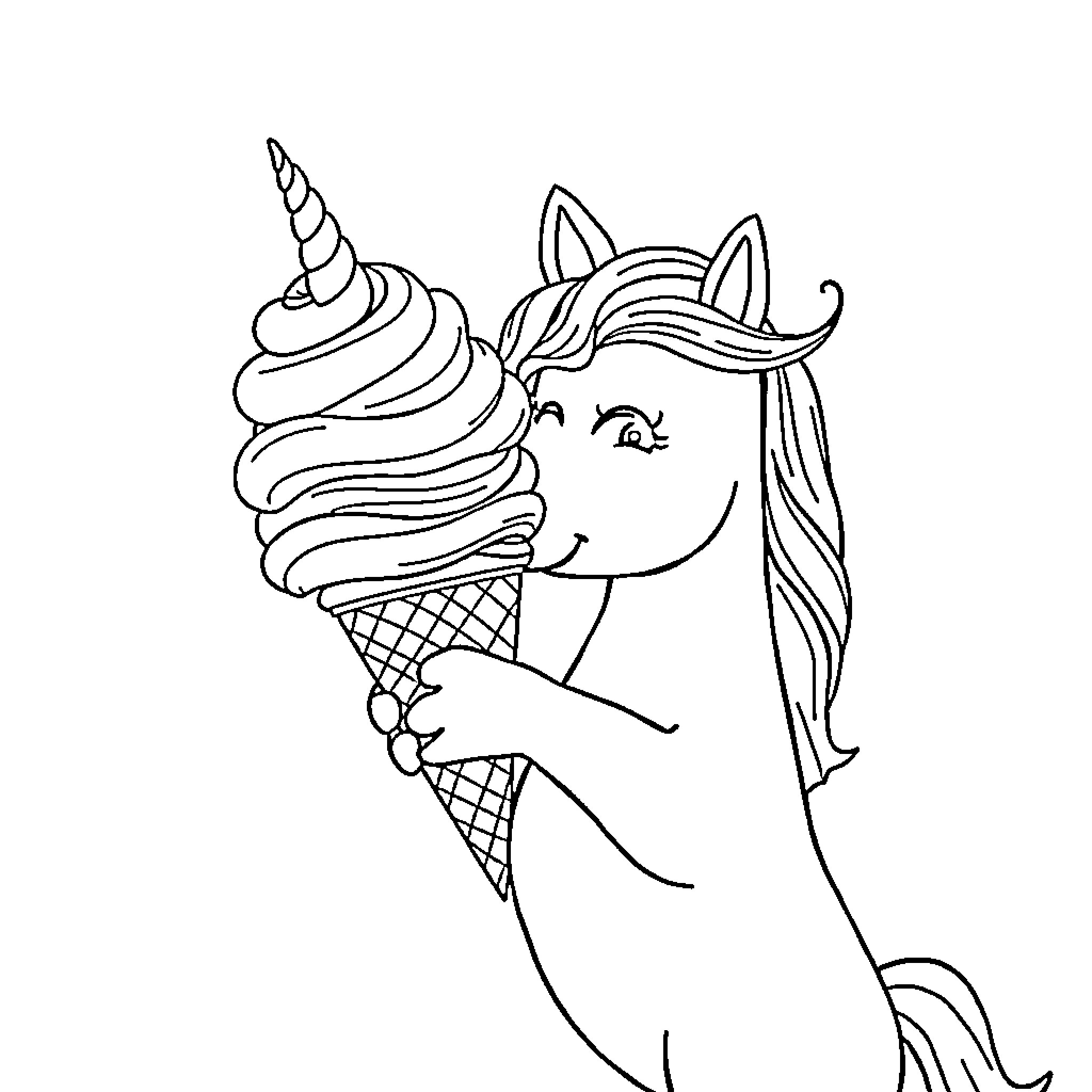 Unicorn enjoying a delicious ice cream treat Coloring Page (free black-and-white line drawing printable PDF for all, from beginners to advanced learners, including children, teens, adults, and seniors)