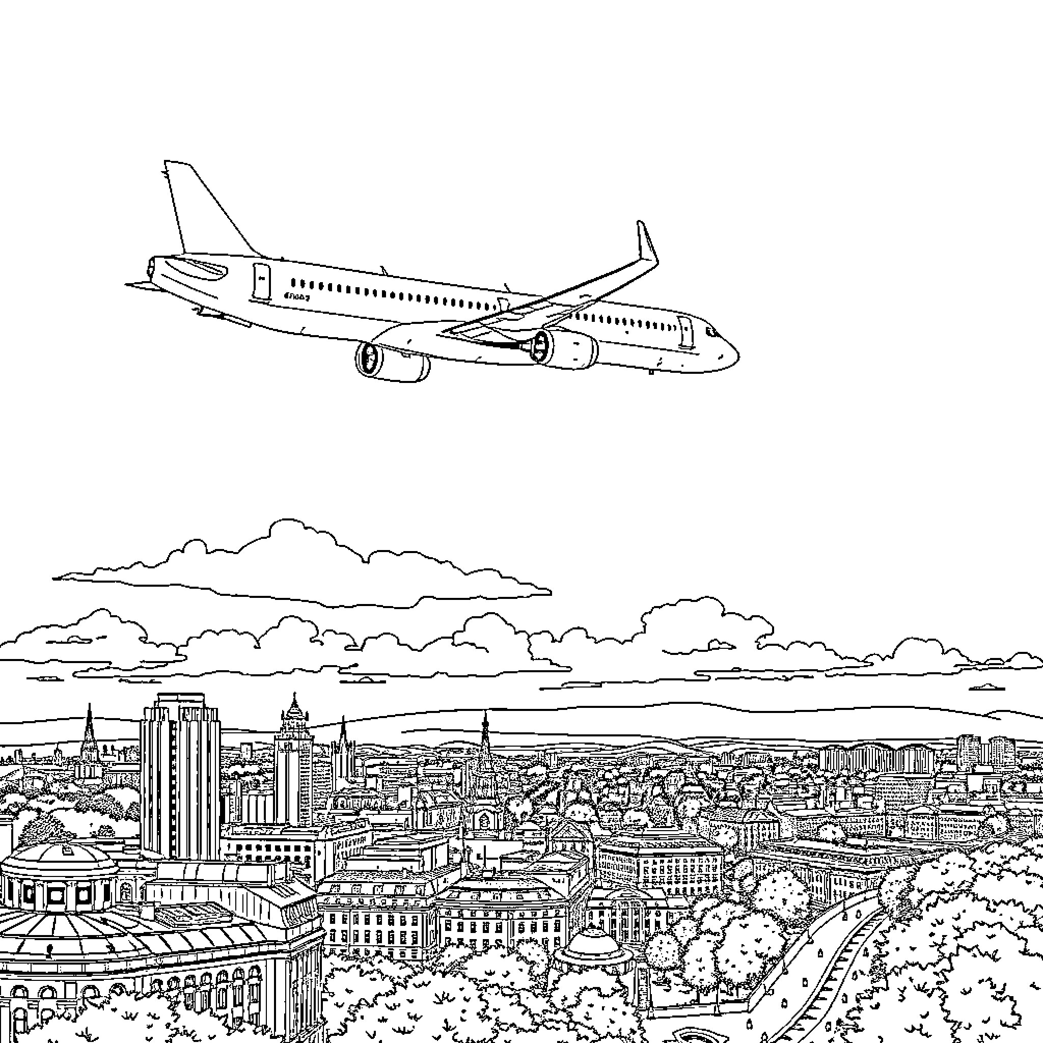 Airbus A321 soaring over a cityscape Coloring Page (free black-and-white line drawing printable PDF for all, from beginners to advanced learners, including children, teens, adults, and seniors)