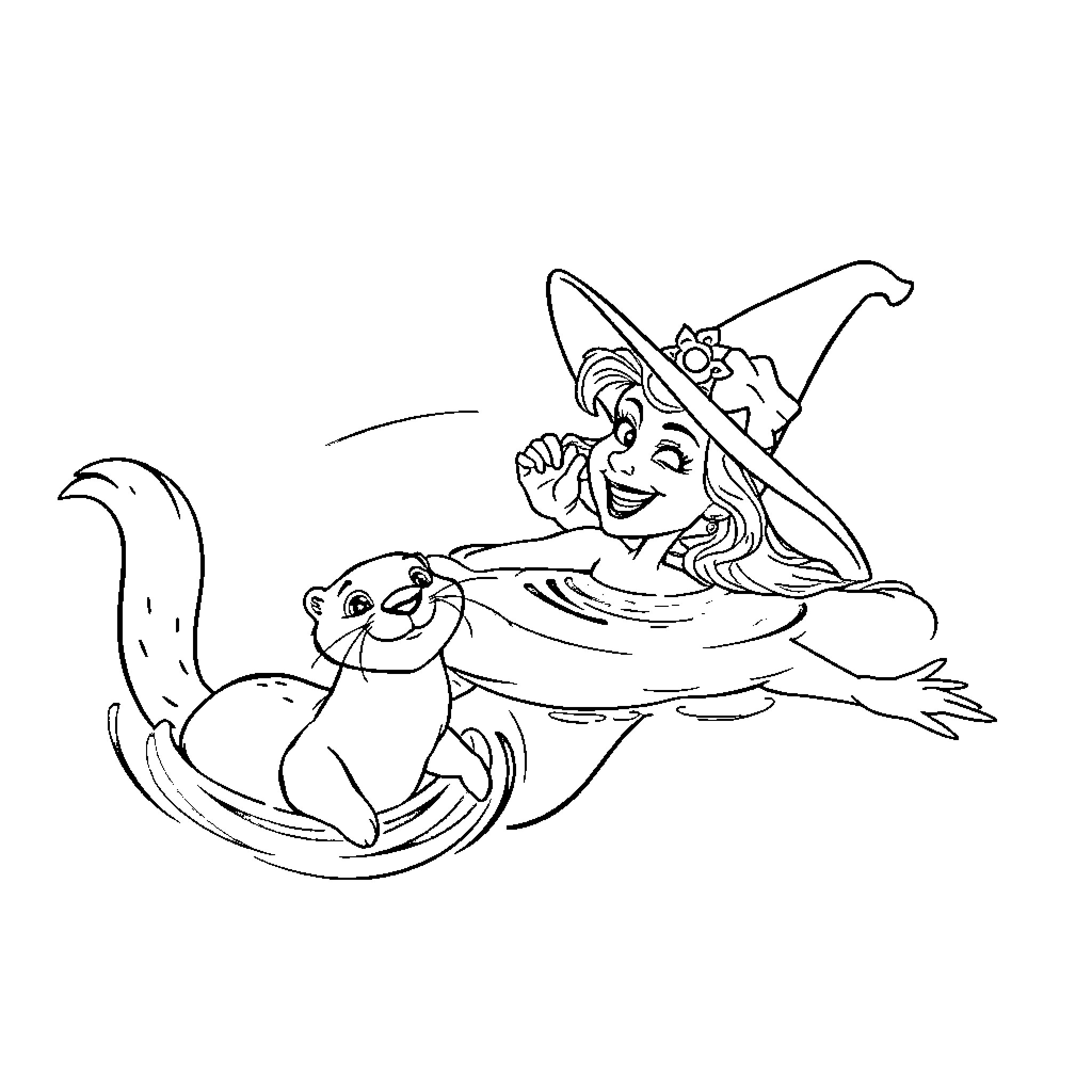 Glinda the Good Witch enjoying a boat ride with her animal companion Coloring Page (free black-and-white line drawing printable PDF for all, from beginners to advanced learners, including children, teens, adults, and seniors)