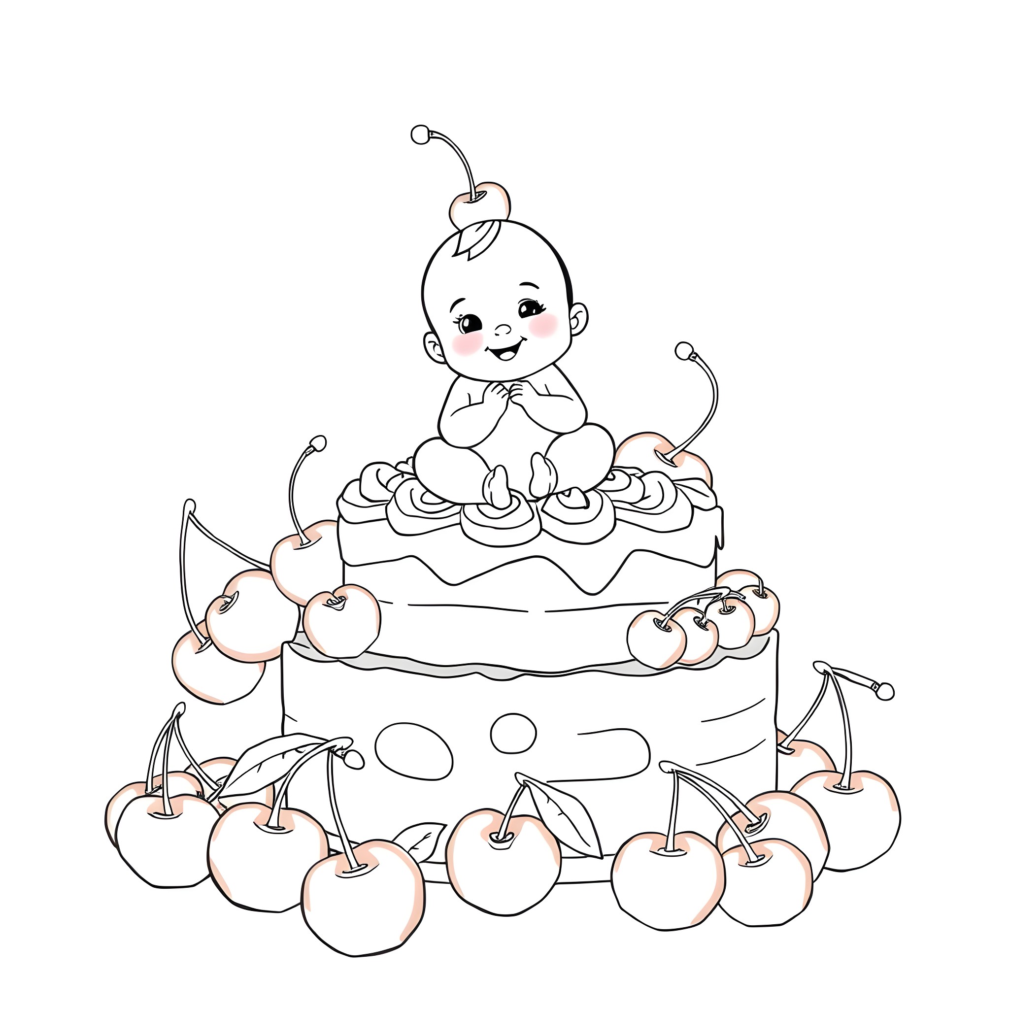 Baby sitting on a cake with cherries Coloring Page (free black-and-white line drawing printable PDF for all, from beginners to advanced learners, including children, teens, adults, and seniors)