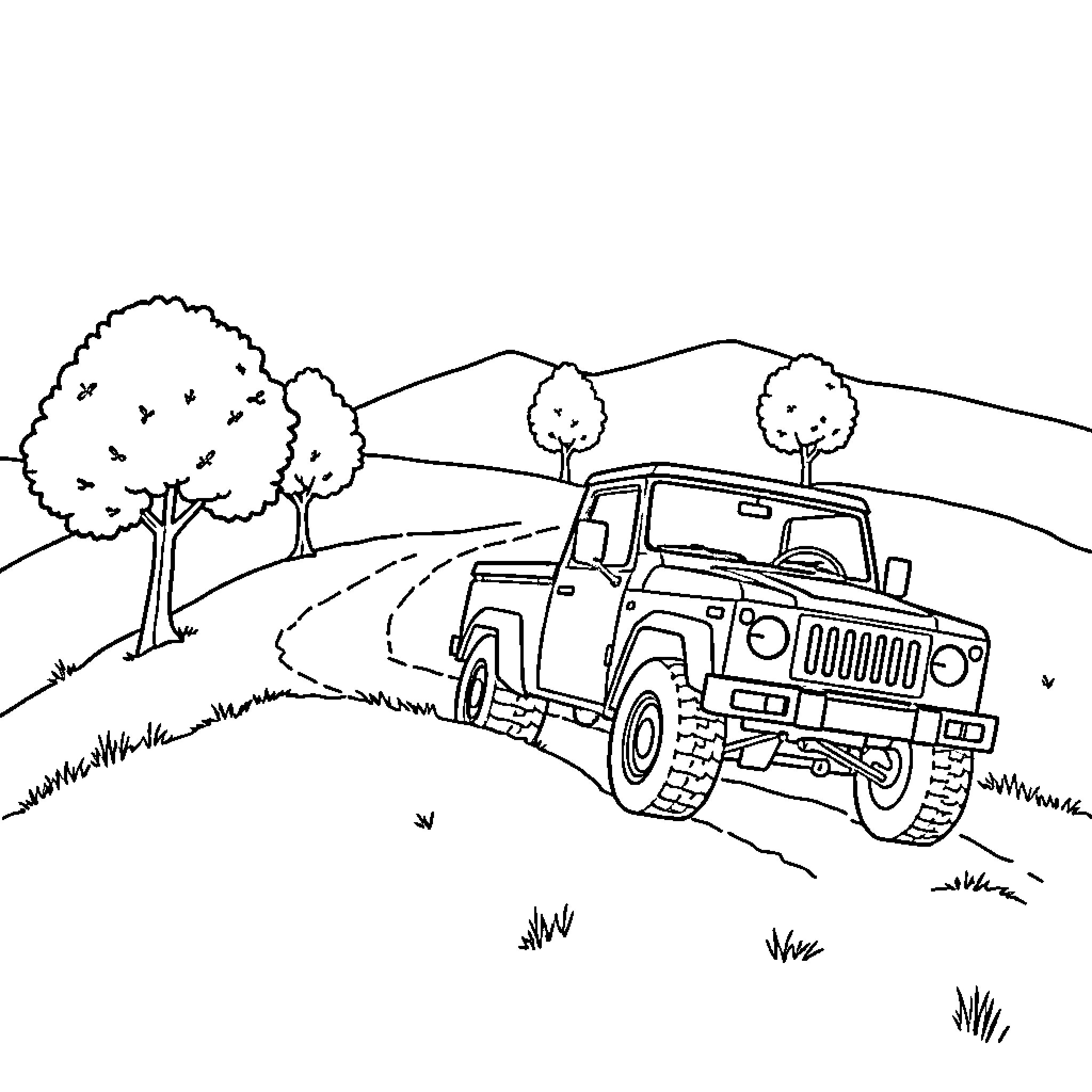Camioneta driving through scenic countryside Coloring Page (free black-and-white line drawing printable PDF for all, from beginners to advanced learners, including children, teens, adults, and seniors)