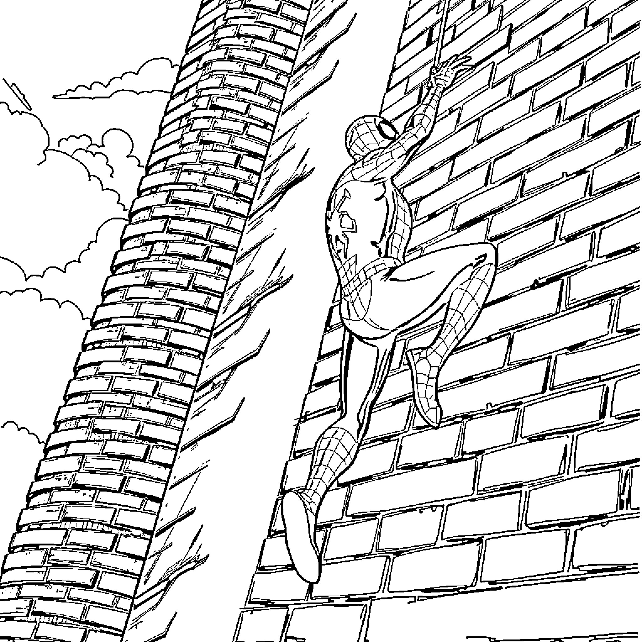 Spiderman scaling a tall brick building Coloring Page (free black-and-white line drawing printable PDF for all, from beginners to advanced learners, including children, teens, adults, and seniors)