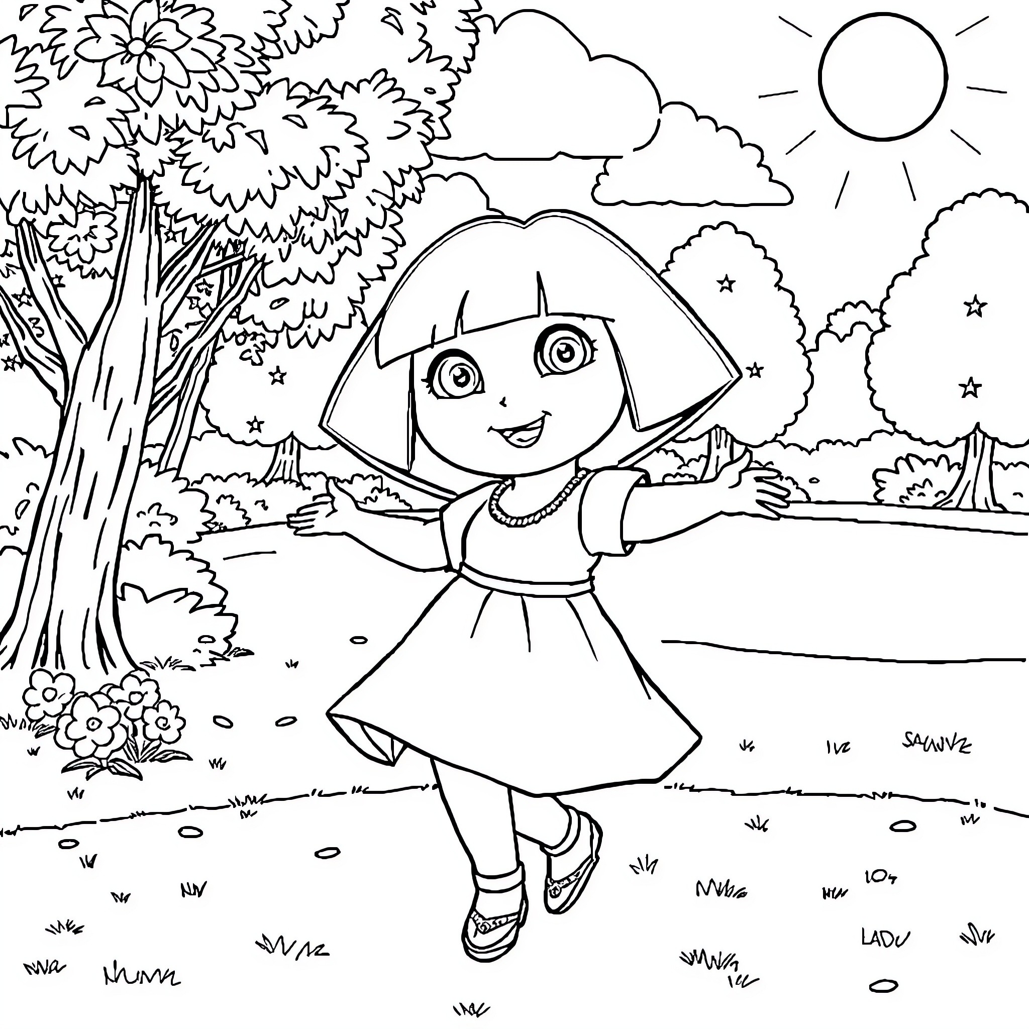 Dora exploring the colorful outdoor scene Coloring Page (free black-and-white line drawing printable PDF for all, from beginners to advanced learners, including children, teens, adults, and seniors)