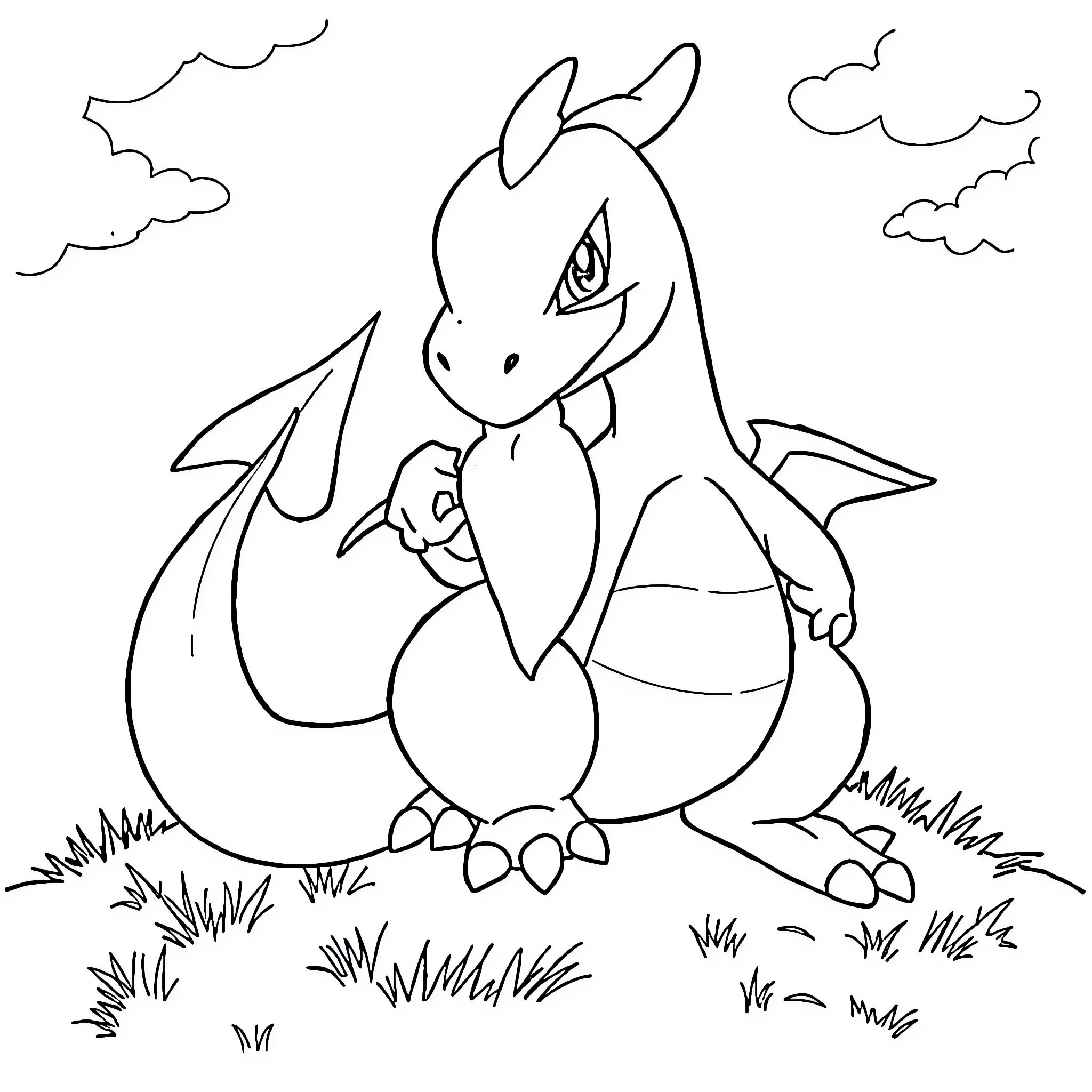 Charizard in a grassy field with clouds Coloring Page (free black-and-white line drawing printable PDF for all, from beginners to advanced learners, including children, teens, adults, and seniors)