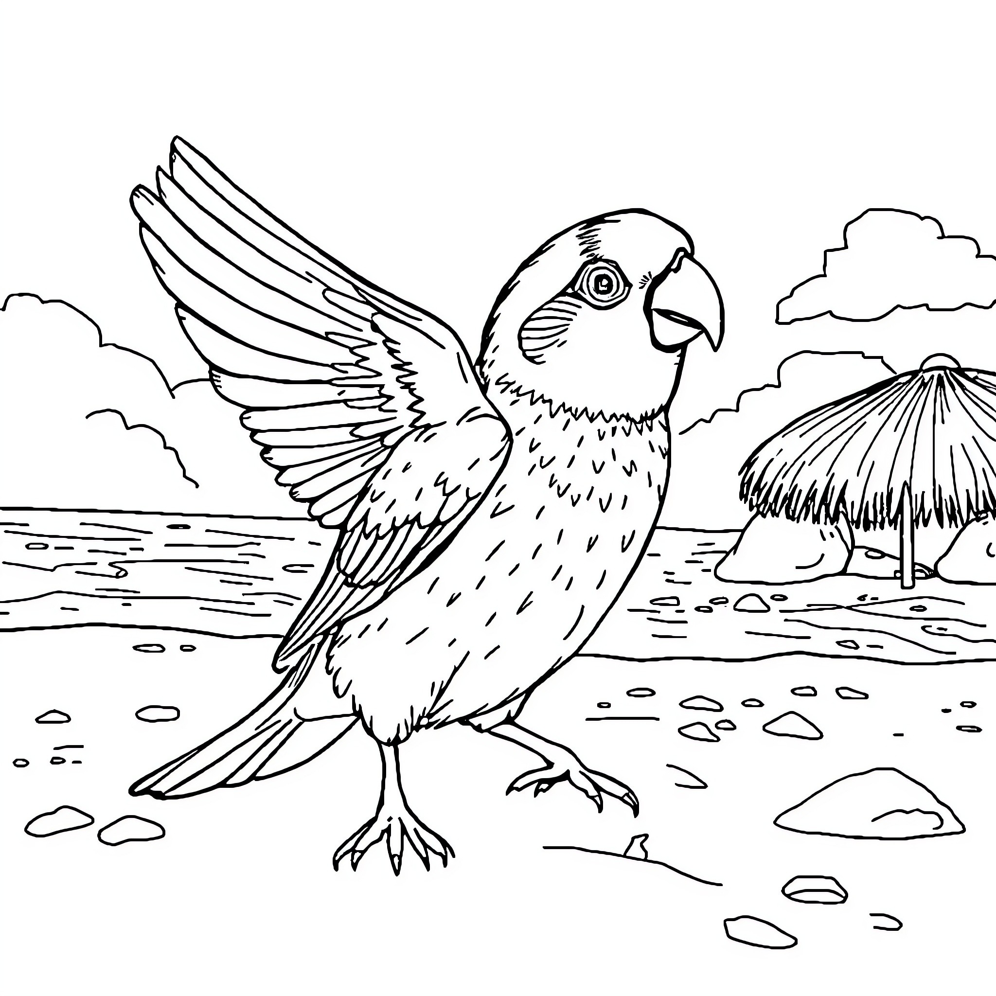 Perico parrot posing on rocky beach Coloring Page (free black-and-white line drawing printable PDF for all, from beginners to advanced learners, including children, teens, adults, and seniors)
