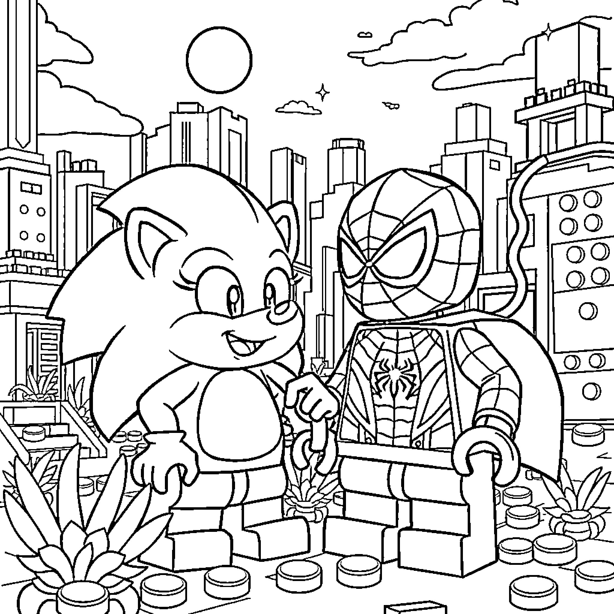 Hedgehog and Spiderman meet in the city Coloring Page (free black-and-white line drawing printable PDF for all, from beginners to advanced learners, including children, teens, adults, and seniors)