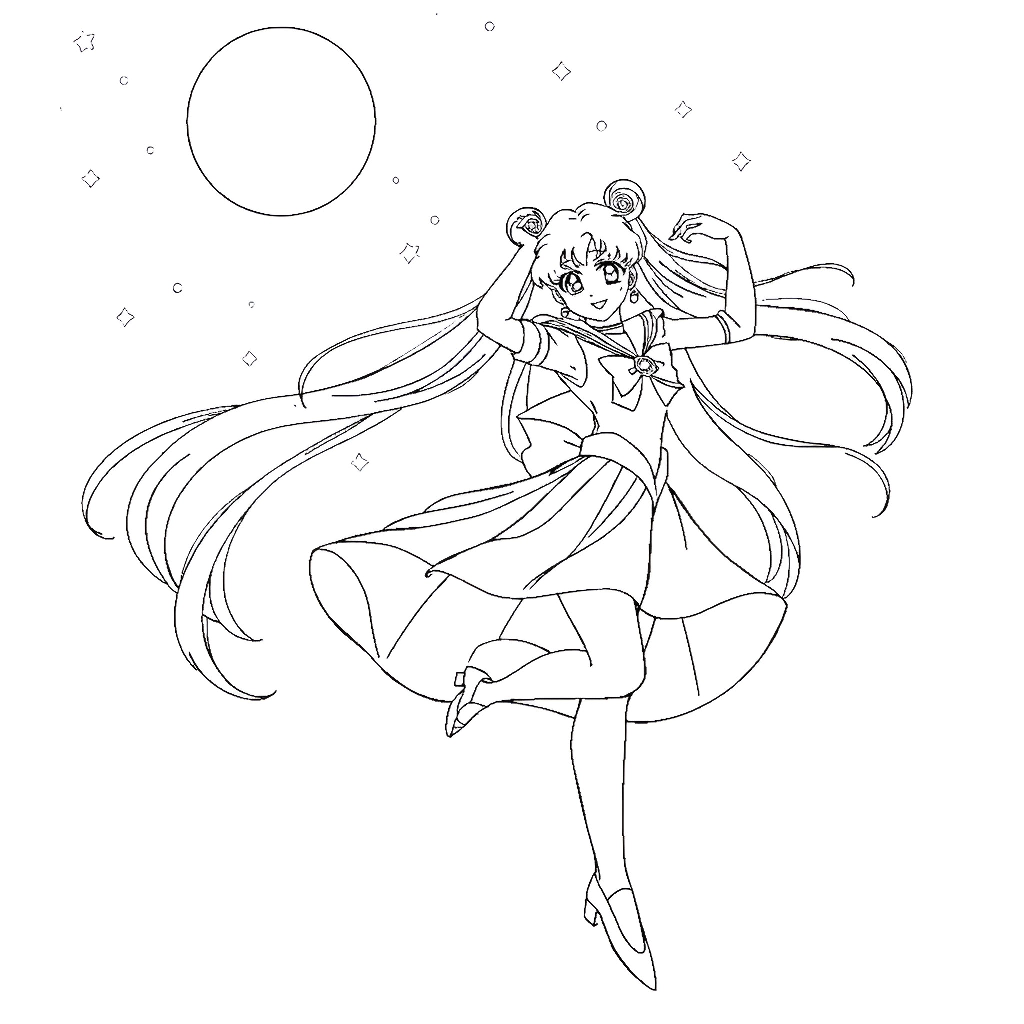 Sailor Moon Gracefully Dancing Under the Starry Sky Coloring Page (free black-and-white line drawing printable PDF for all, from beginners to advanced learners, including children, teens, adults, and seniors)