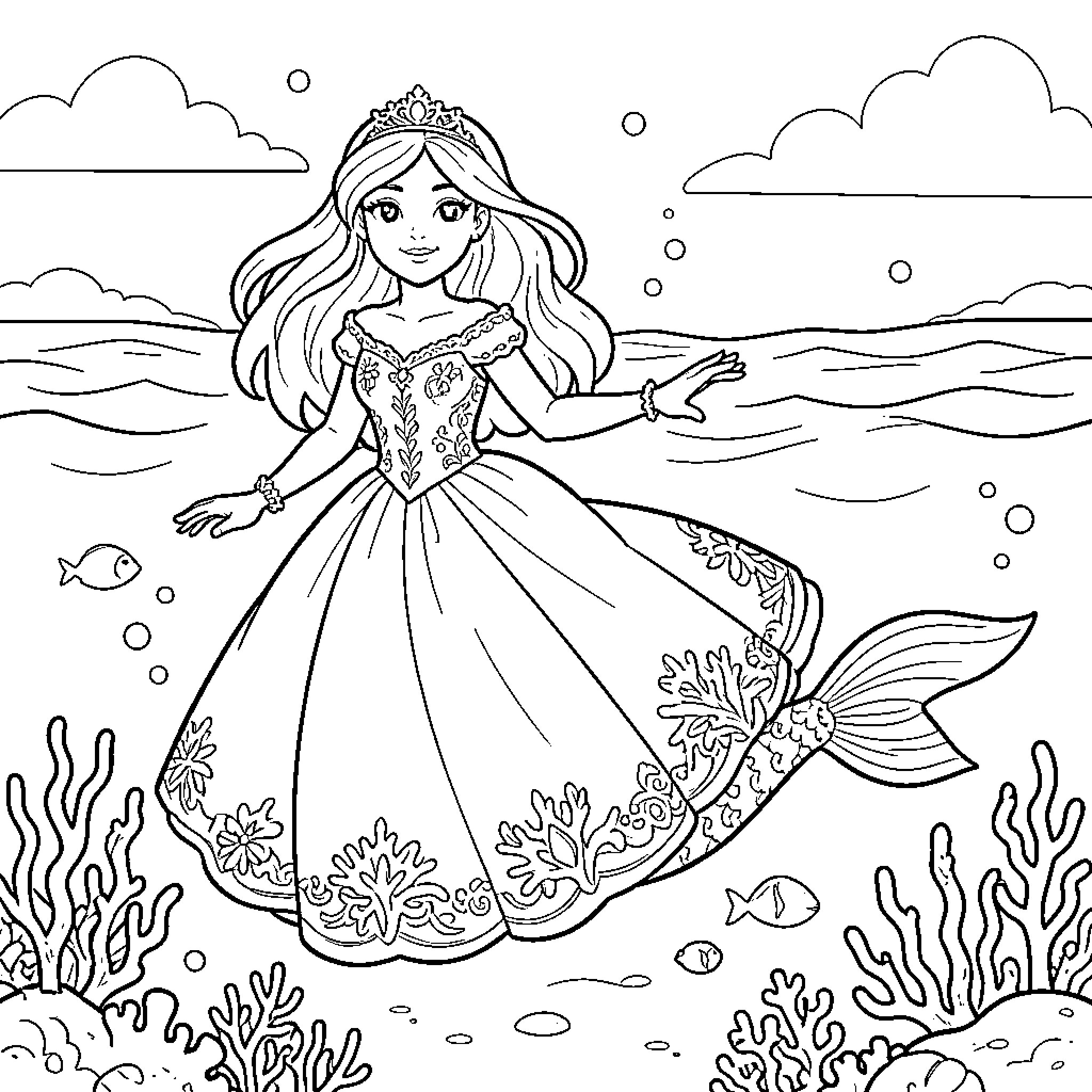 Siren swimming gracefully amidst coral and sea life Coloring Page (free black-and-white line drawing printable PDF for all, from beginners to advanced learners, including children, teens, adults, and seniors)