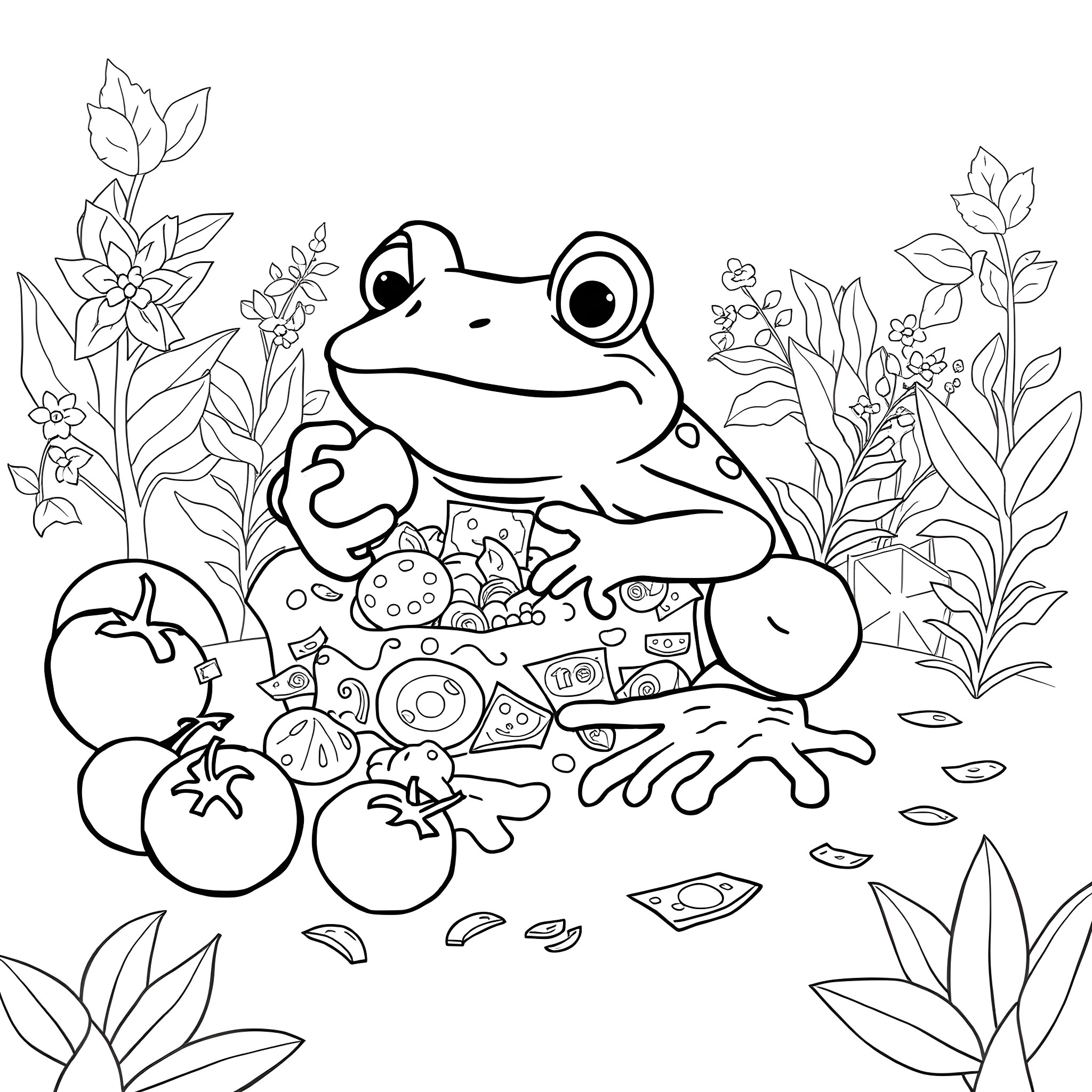 Frog sitting among the flowers and vegetation Coloring Page (free black-and-white line drawing printable PDF for all, from beginners to advanced learners, including children, teens, adults, and seniors)