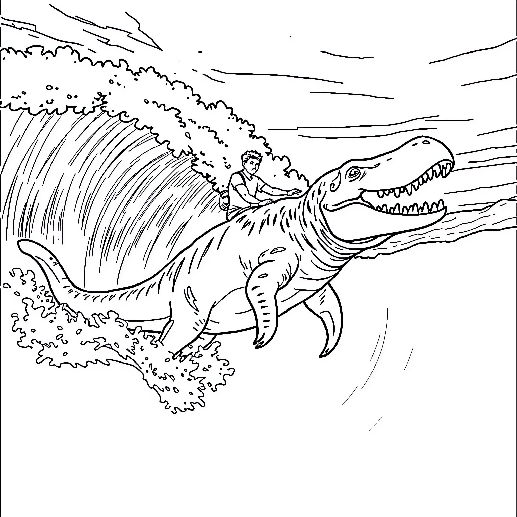 Mosasaurus riding a giant prehistoric creature Coloring Page (free black-and-white line drawing printable PDF for all, from beginners to advanced learners, including children, teens, adults, and seniors)