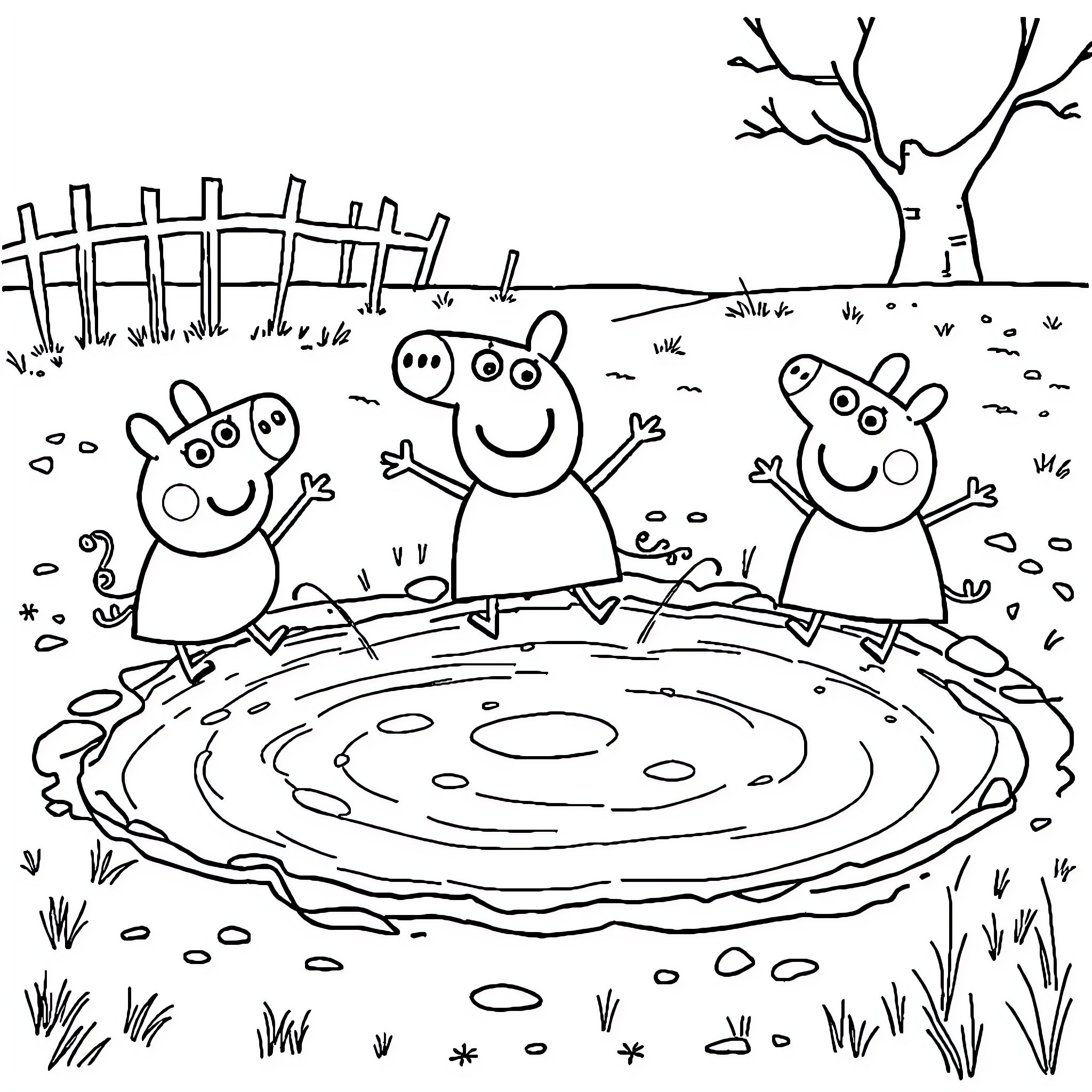 Peppa Pig having fun with friends at the puddle Coloring Page (free black-and-white line drawing printable PDF for all, from beginners to advanced learners, including children, teens, adults, and seniors)