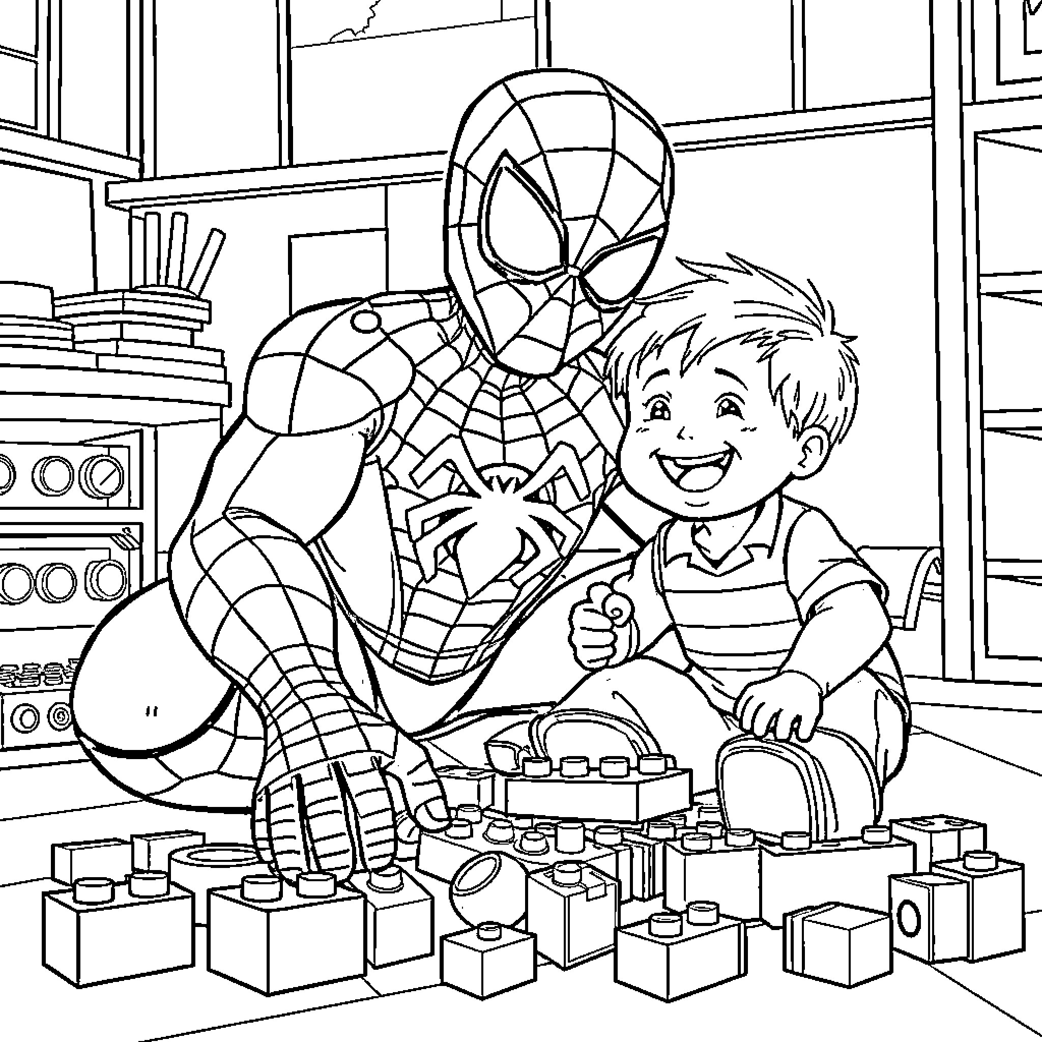 Spider-Man playing with a young boy and toys Coloring Page (free black-and-white line drawing printable PDF for all, from beginners to advanced learners, including children, teens, adults, and seniors)