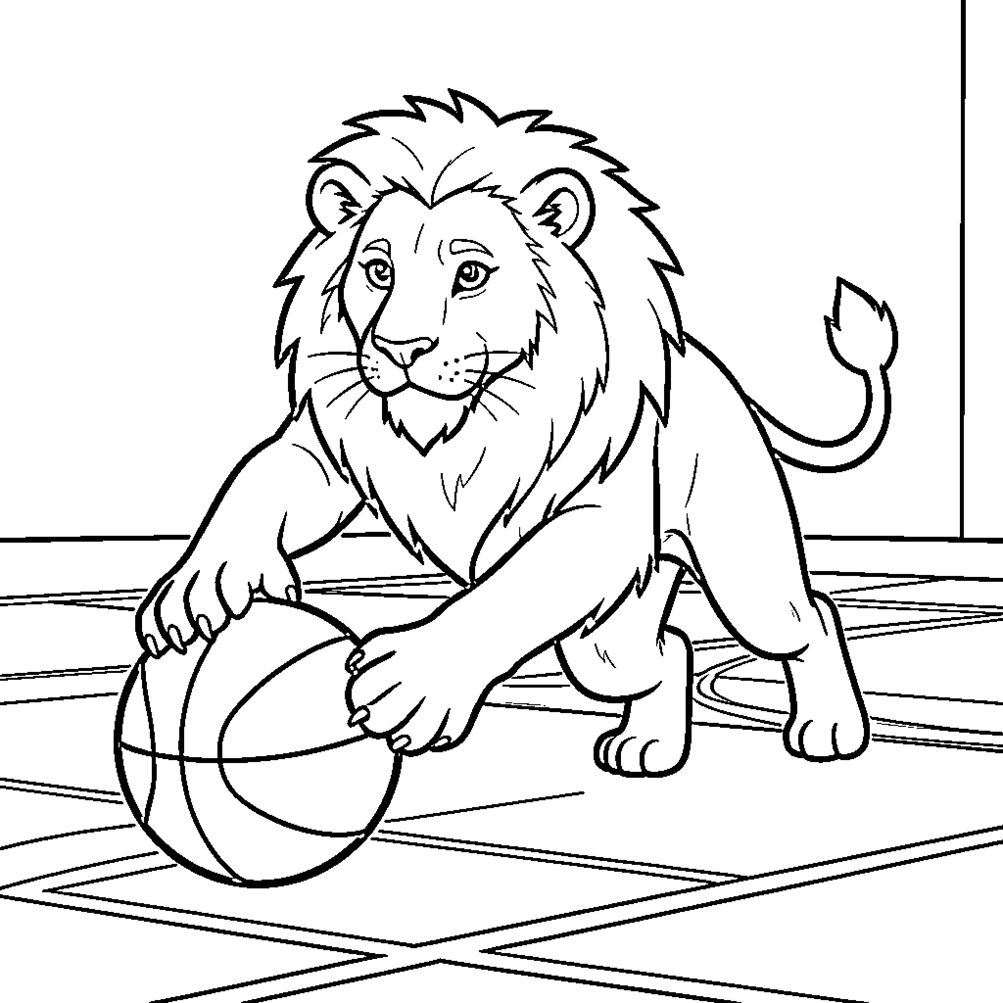 Lion dribbling a basketball on a court Coloring Page (free black-and-white line drawing printable PDF for all, from beginners to advanced learners, including children, teens, adults, and seniors)