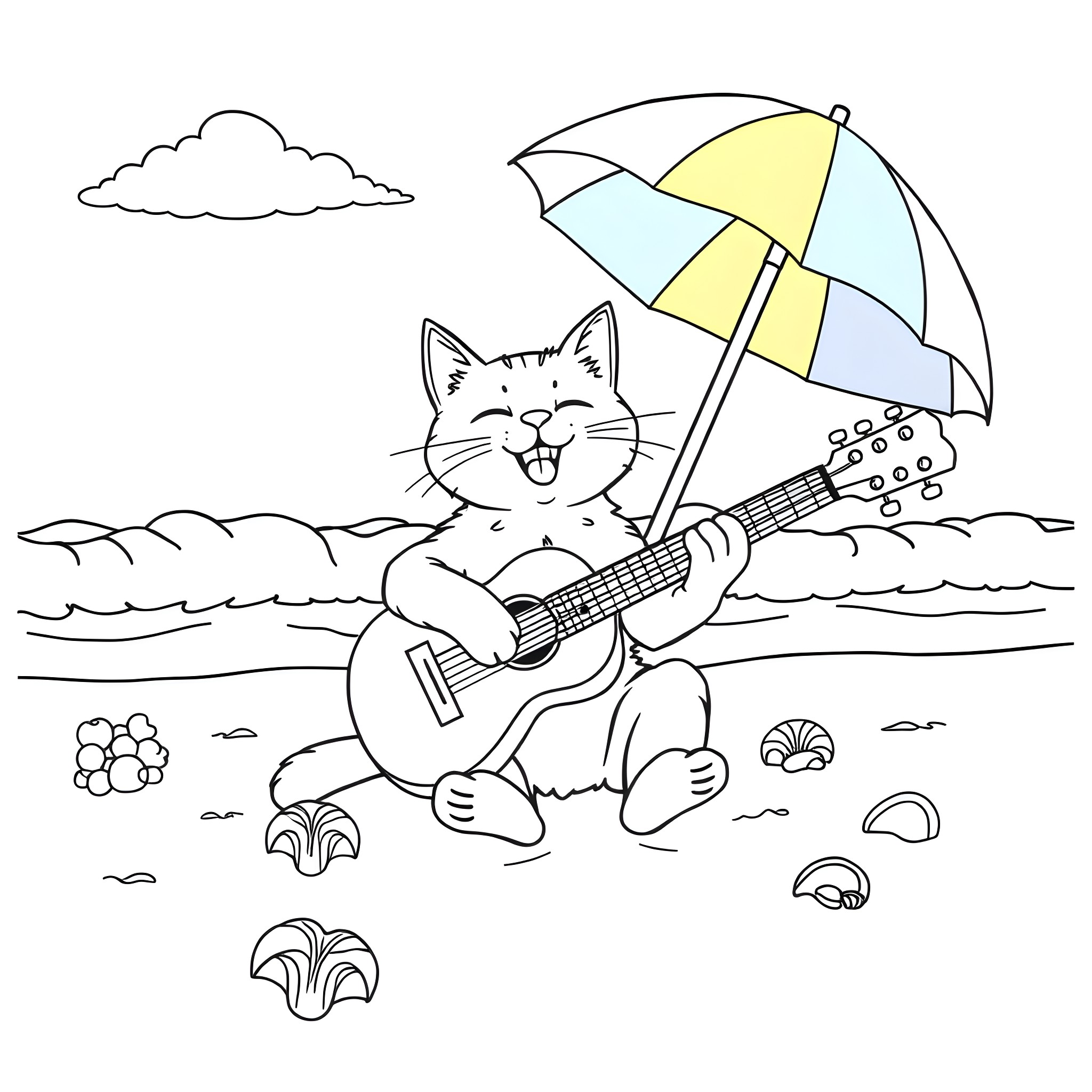Cat singing with guitar on the beach Coloring Page (free black-and-white line drawing printable PDF for all, from beginners to advanced learners, including children, teens, adults, and seniors)