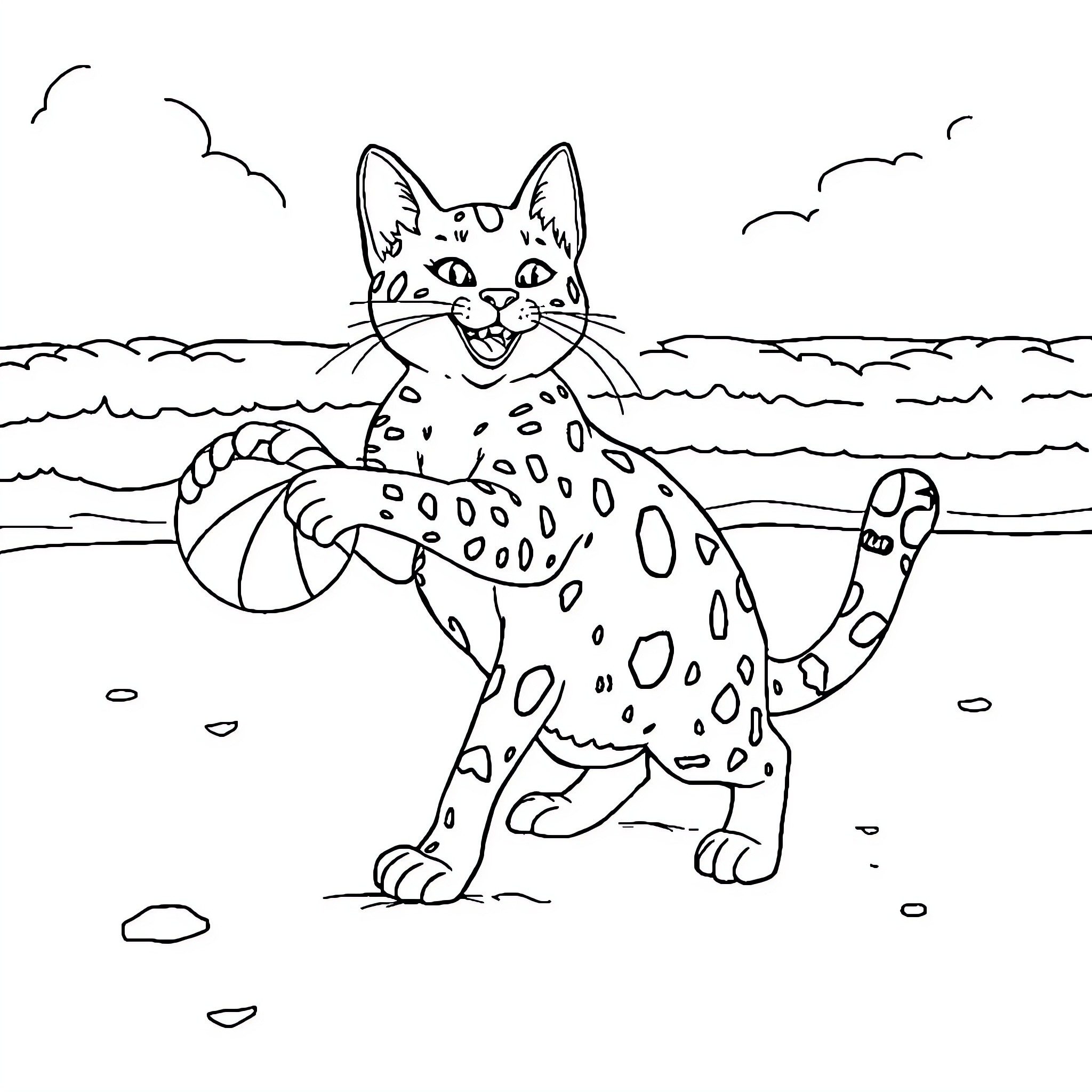 Cat playing in the waves on the beach Coloring Page (free black-and-white line drawing printable PDF for all, from beginners to advanced learners, including children, teens, adults, and seniors)