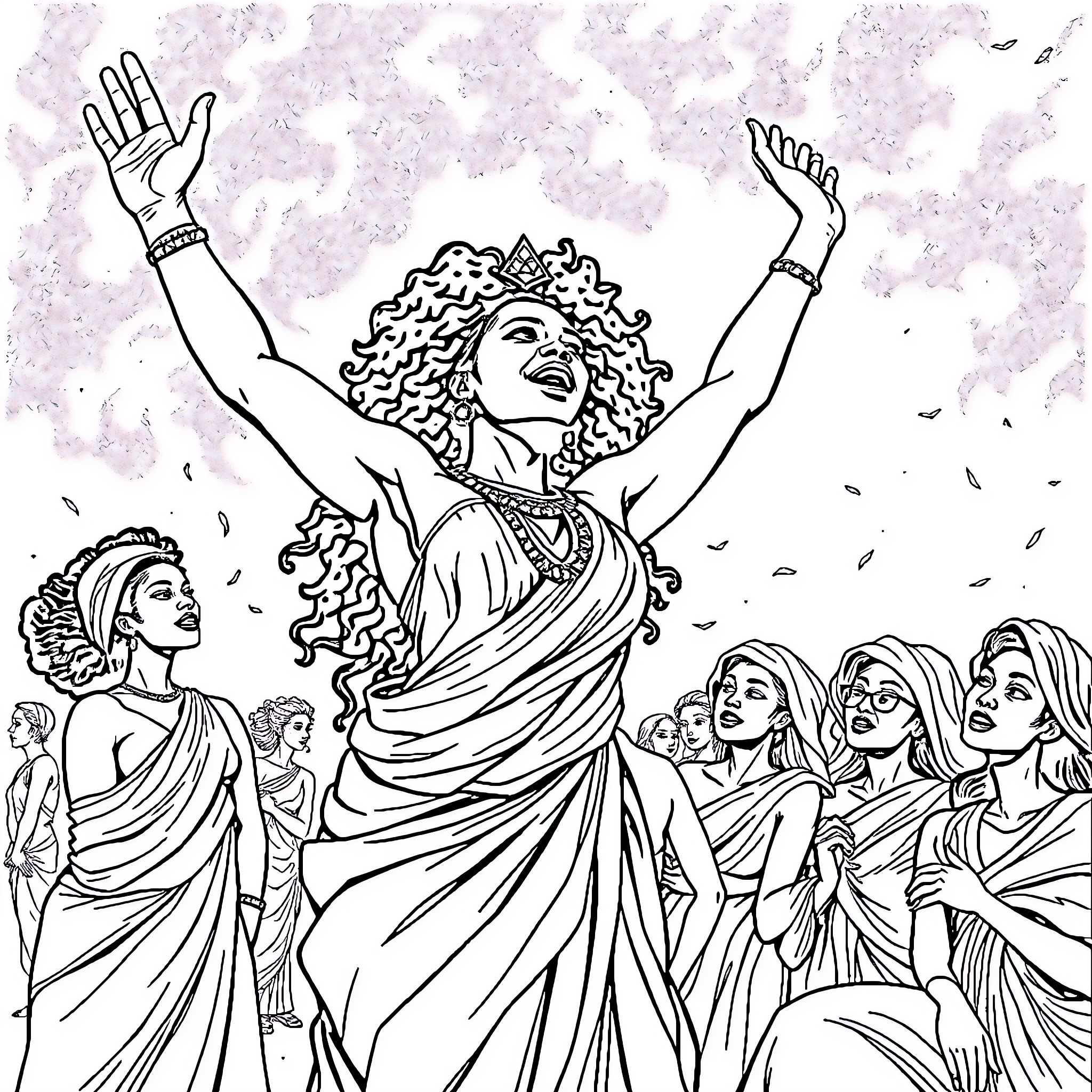Queen Raises Hands Amidst Regal Entourage Coloring Page (free black-and-white line drawing printable PDF for all, from beginners to advanced learners, including children, teens, adults, and seniors)
