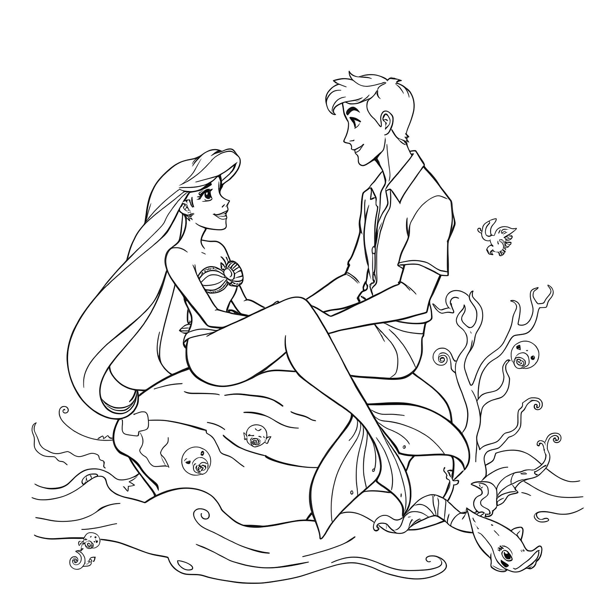 Ariel and Prince Eric's romantic underwater scene Coloring Page (free black-and-white line drawing printable PDF for all, from beginners to advanced learners, including children, teens, adults, and seniors)