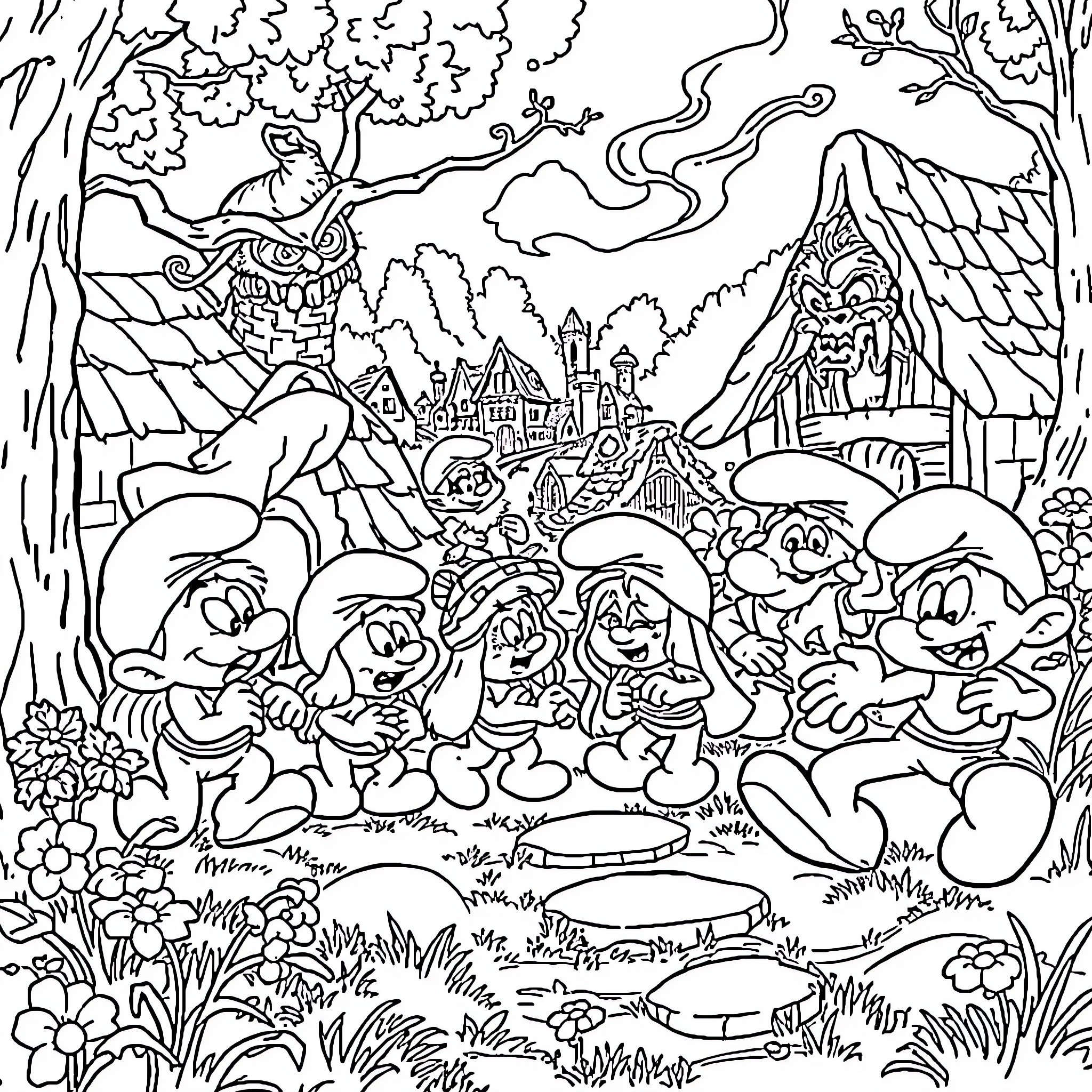 Smurfs Exploring a Whimsical Smurf Village Coloring Page (free black-and-white line drawing printable PDF for all, from beginners to advanced learners, including children, teens, adults, and seniors)