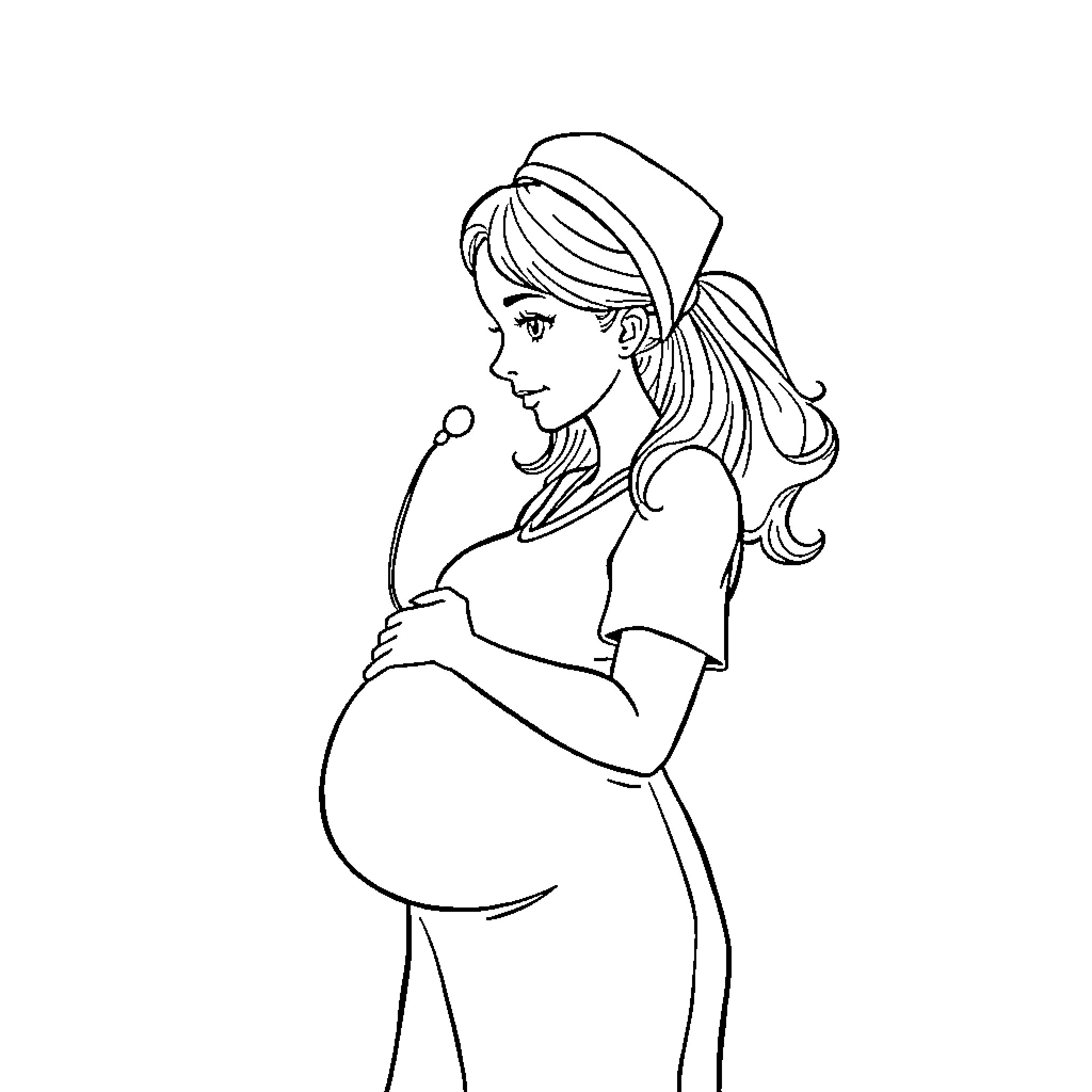 Midwife assisting pregnant woman during prenatal care Coloring Page (free black-and-white line drawing printable PDF for all, from beginners to advanced learners, including children, teens, adults, and seniors)