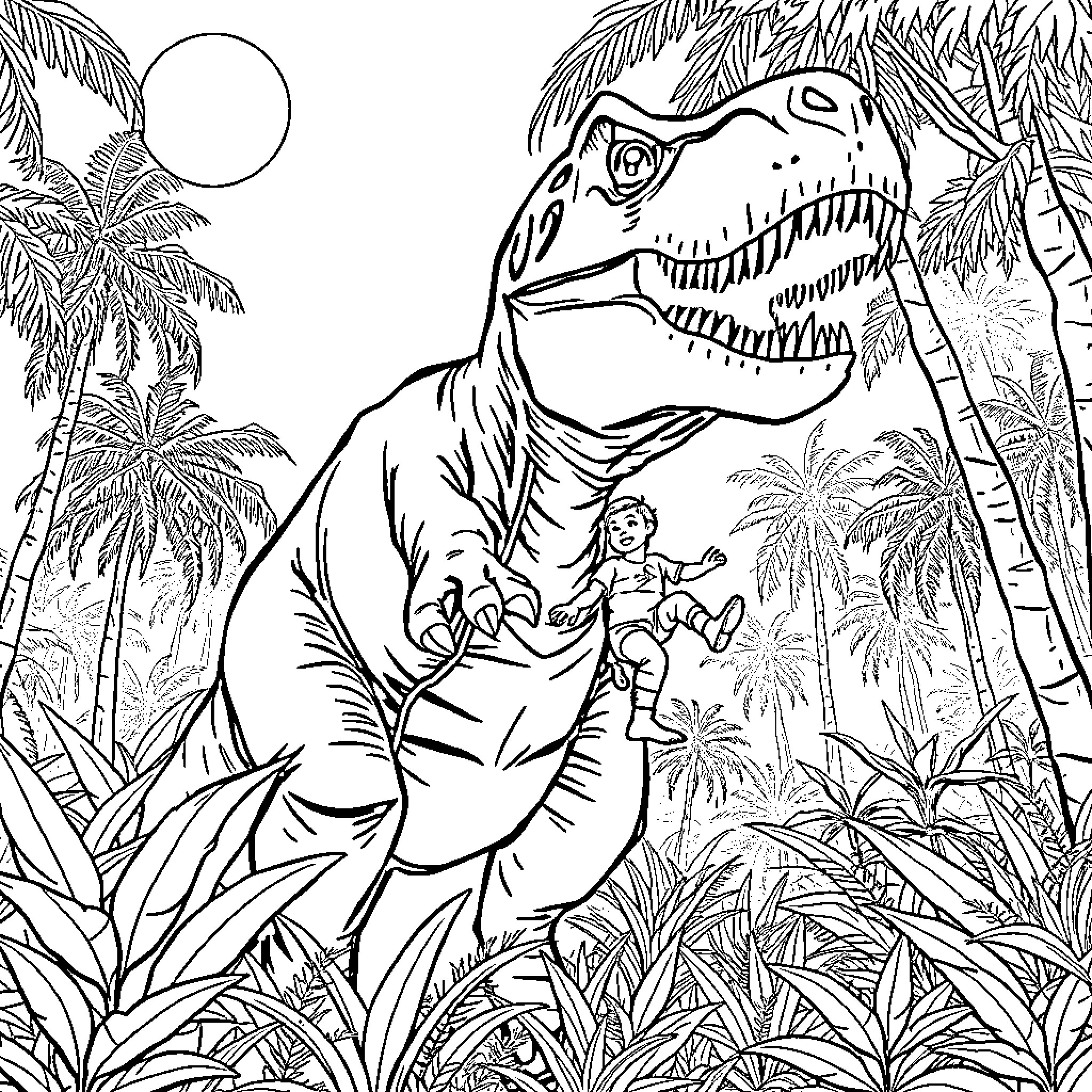 T-Rex Towering Over Adventurous Explorer in Lush Jungle Coloring Page (free black-and-white line drawing printable PDF for all, from beginners to advanced learners, including children, teens, adults, and seniors)