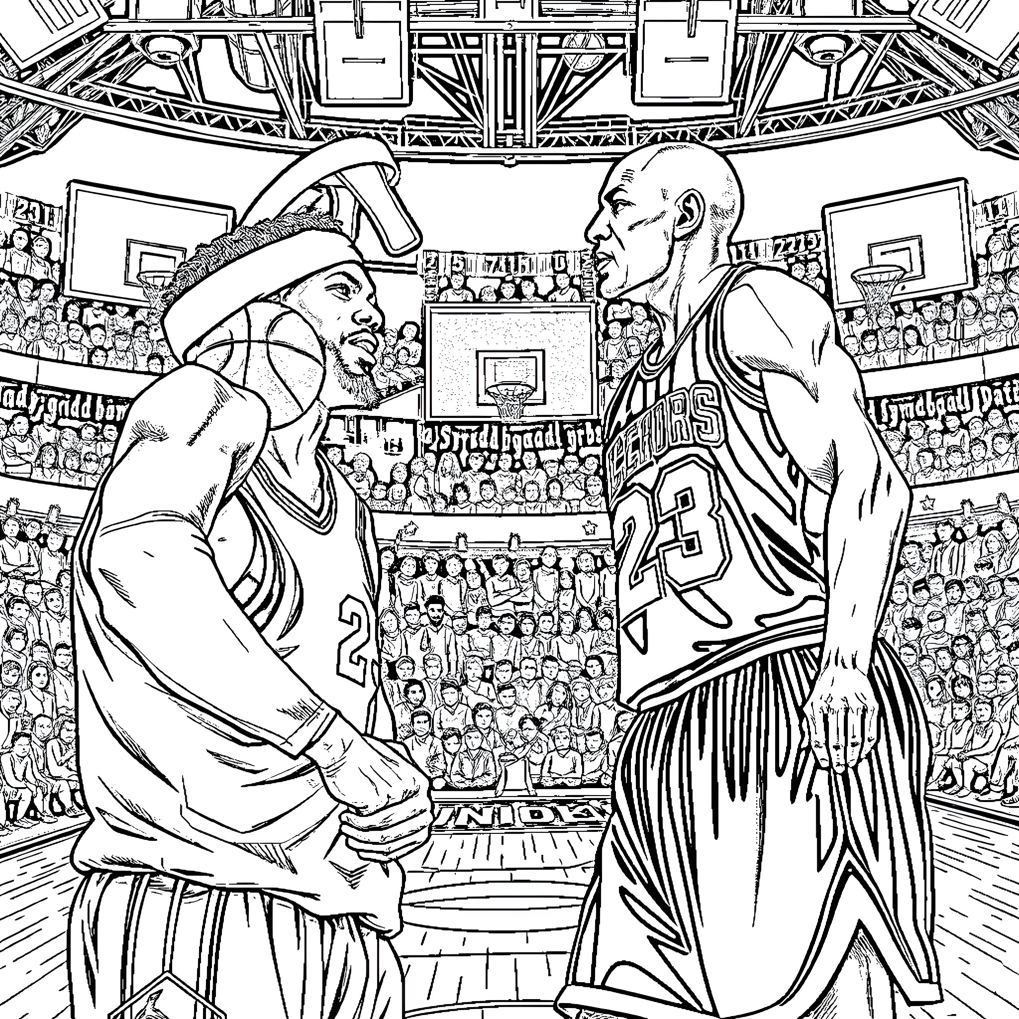 LeBron James Basketball Players on the Court Coloring Page (free black-and-white line drawing printable PDF for all, from beginners to advanced learners, including children, teens, adults, and seniors)