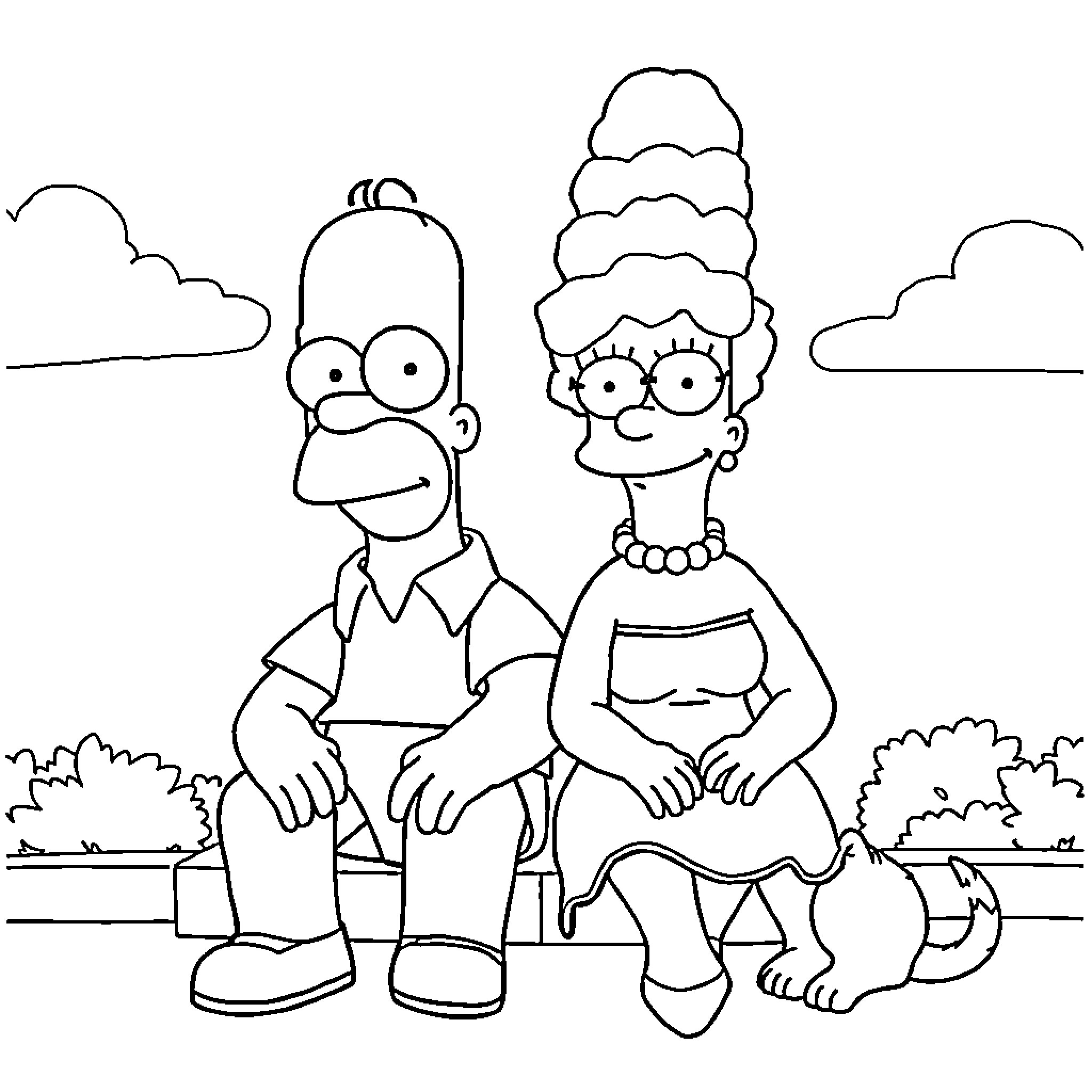 Simpson family members in casual outdoor setting Coloring Page (free black-and-white line drawing printable PDF for all, from beginners to advanced learners, including children, teens, adults, and seniors)
