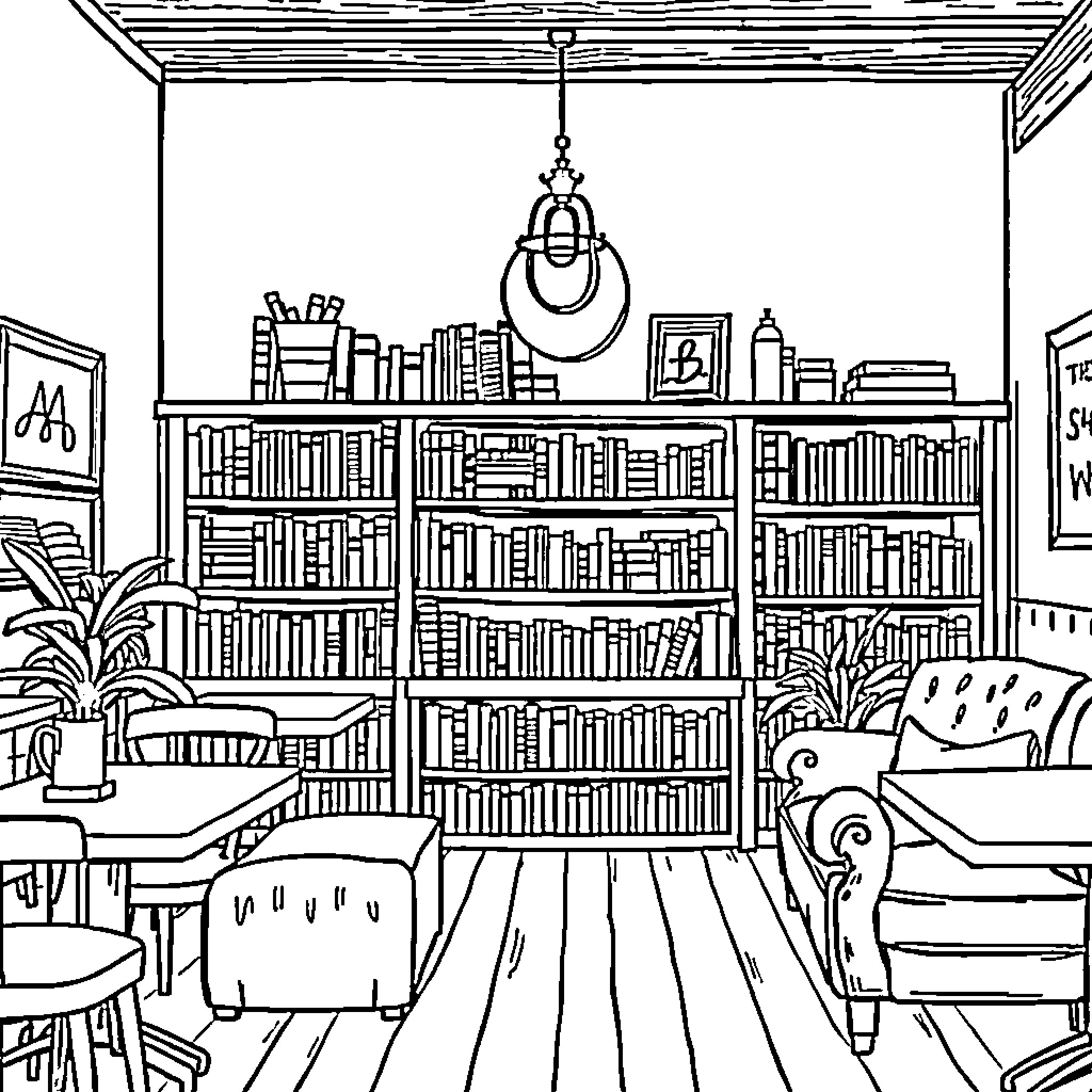 Coffee Shop Interior with Books and Furniture Coloring Page (free black-and-white line drawing printable PDF for all, from beginners to advanced learners, including children, teens, adults, and seniors)