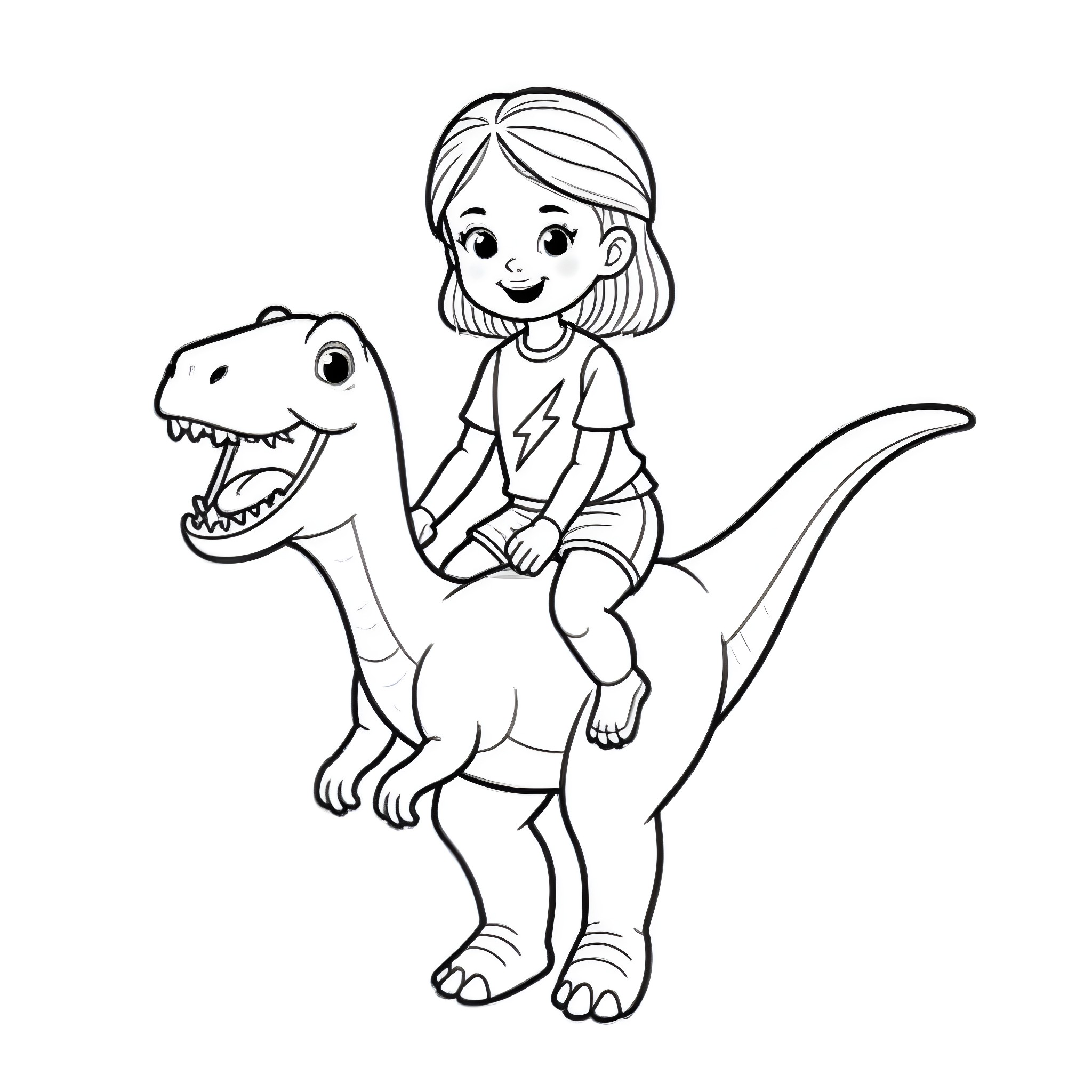 Girl riding a friendly dinosaur Coloring Page (free black-and-white line drawing printable PDF for all, from beginners to advanced learners, including children, teens, adults, and seniors)