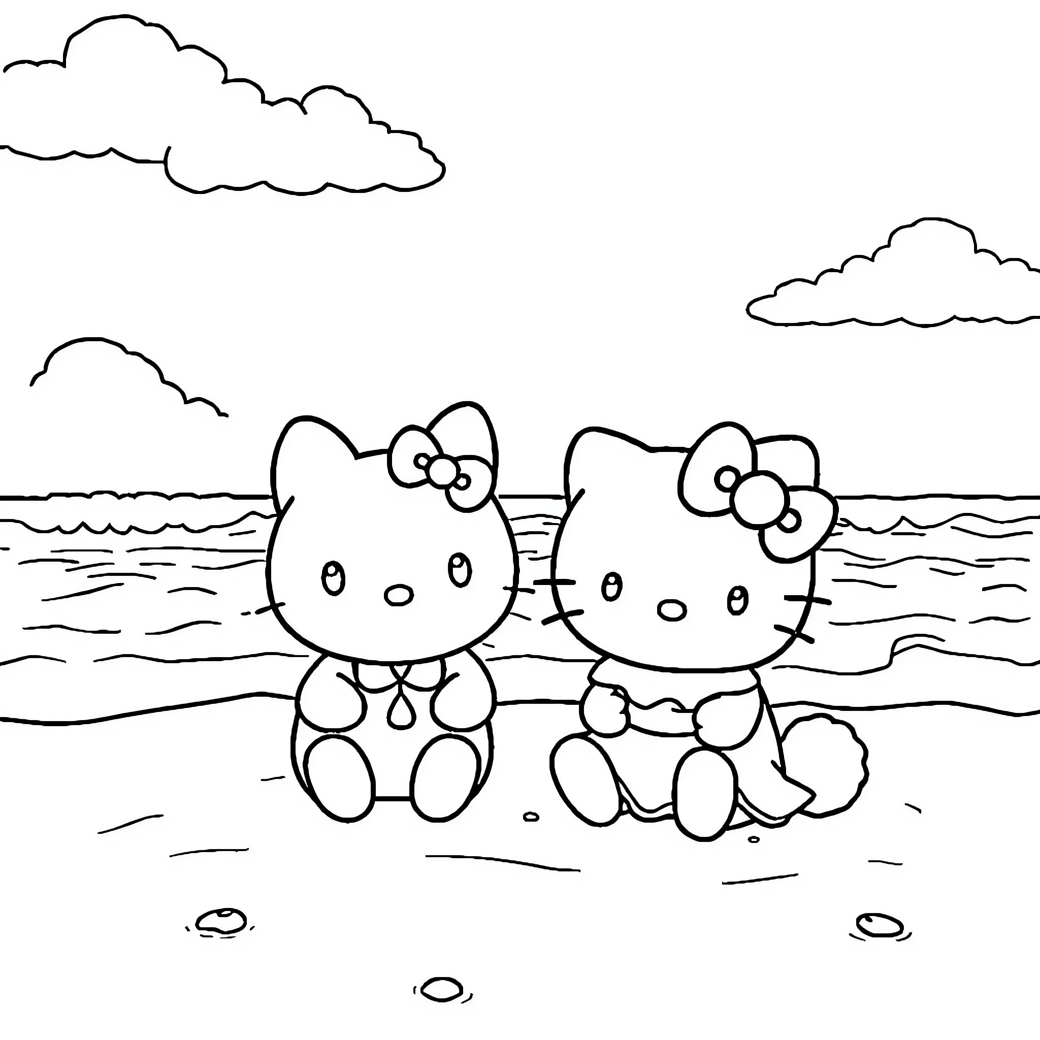 Cinnamoroll enjoying a day at the beach with friends Coloring Page (free black-and-white line drawing printable PDF for all, from beginners to advanced learners, including children, teens, adults, and seniors)