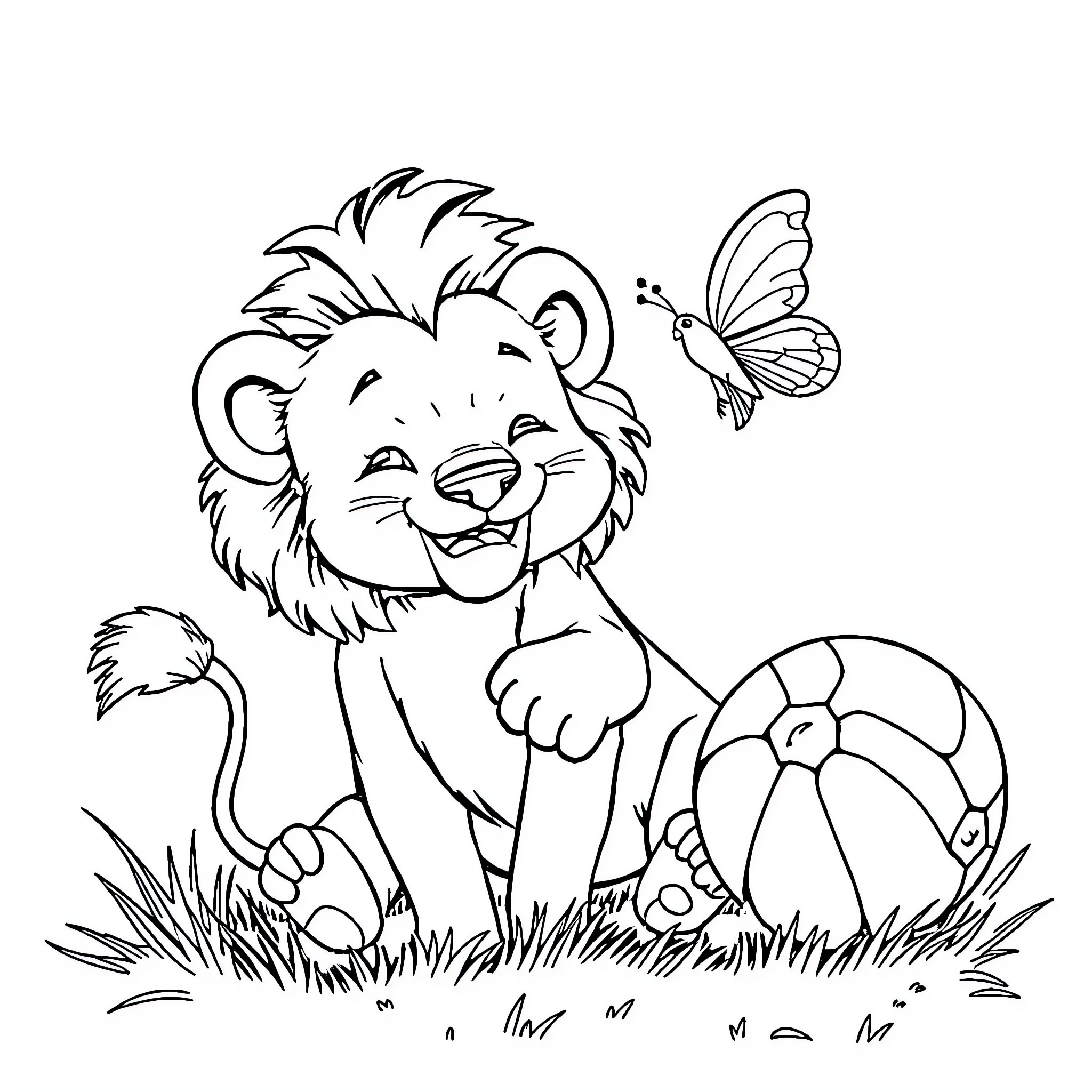 Lion Cub playing with butterfly in the grass Coloring Page (free black-and-white line drawing printable PDF for all, from beginners to advanced learners, including children, teens, adults, and seniors)
