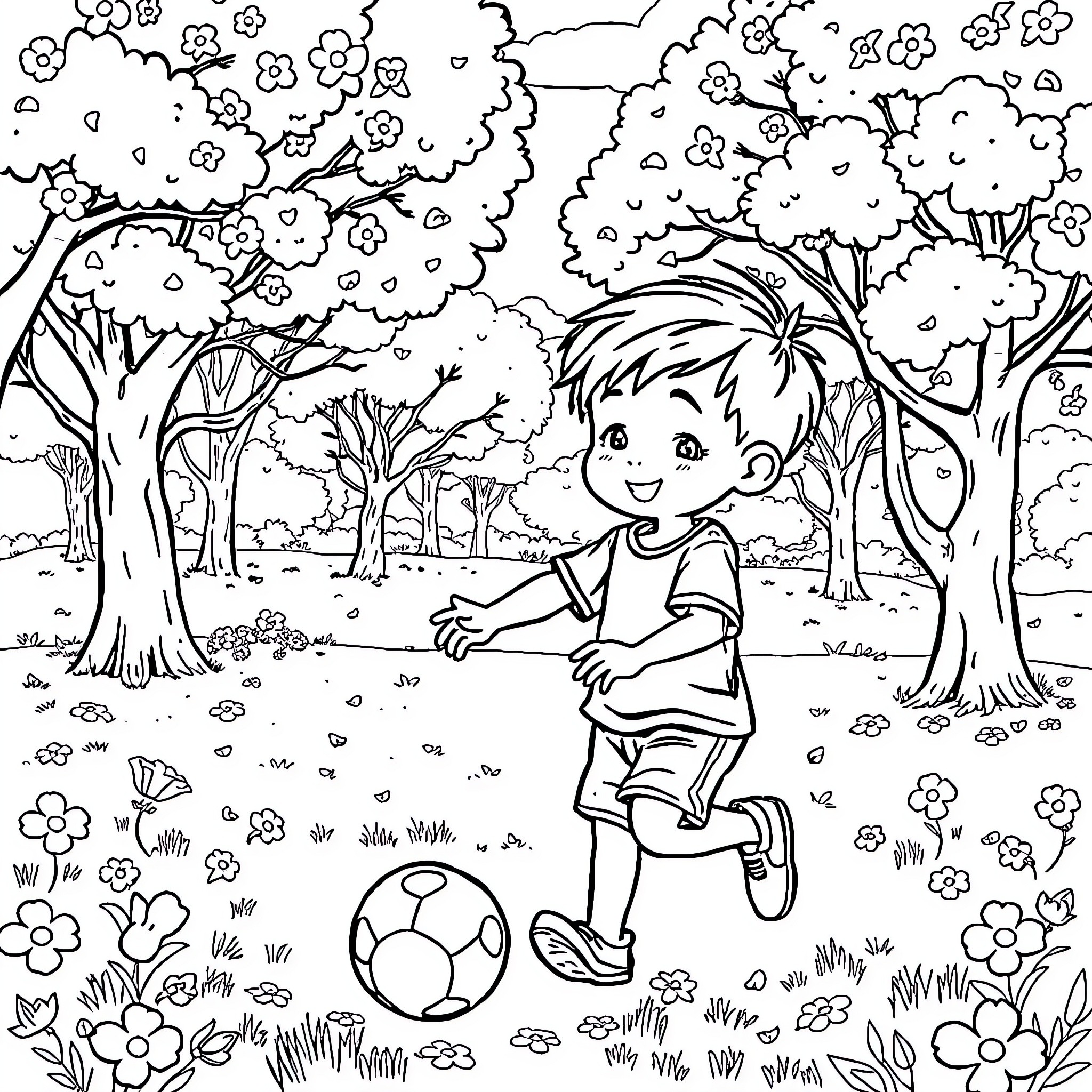 Niño playing joyfully in the flower-filled park Coloring Page (free black-and-white line drawing printable PDF for all, from beginners to advanced learners, including children, teens, adults, and seniors)