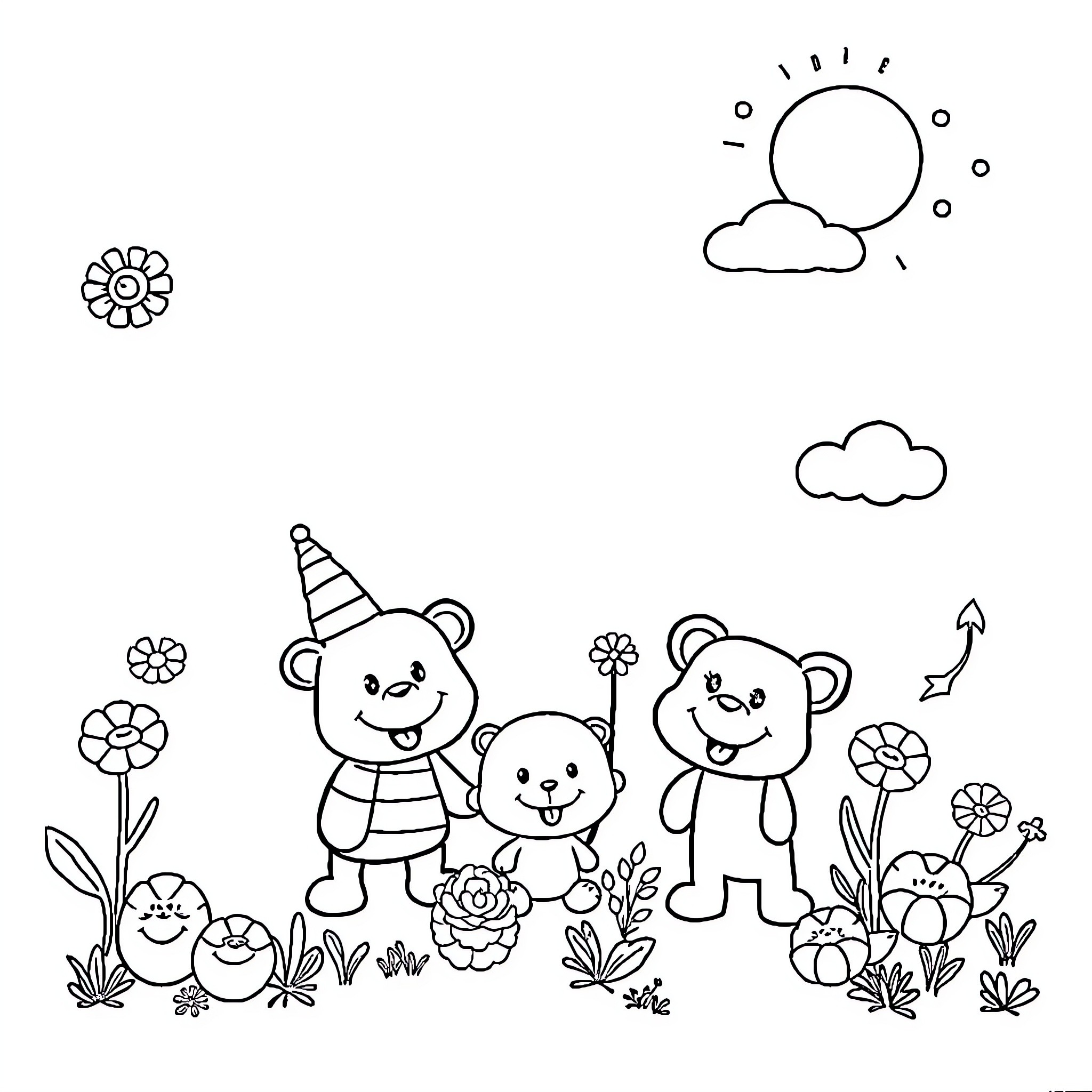 Desenhos de ursinho em um campo florido Coloring Page (free black-and-white line drawing printable PDF for all, from beginners to advanced learners, including children, teens, adults, and seniors)