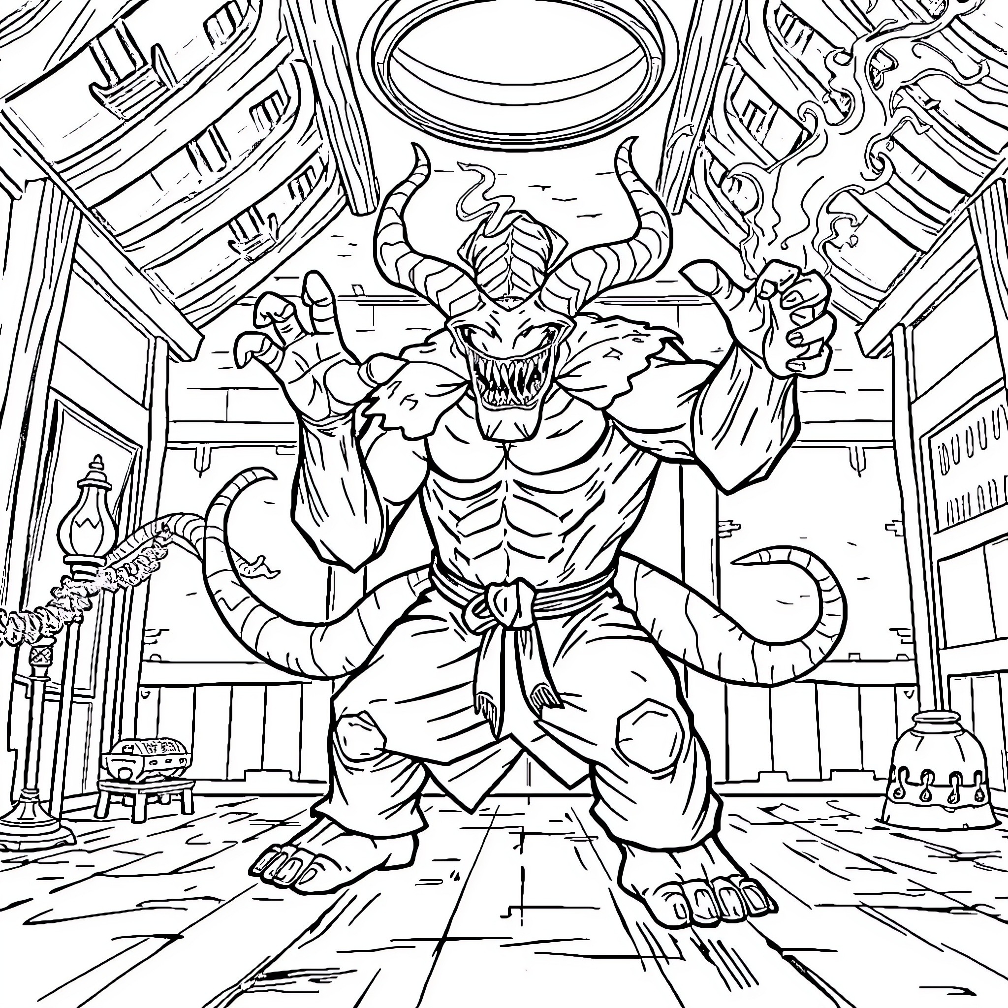 Cthulhu's Terrifying Presence in the Mystical Chamber Coloring Page (free black-and-white line drawing printable PDF for all, from beginners to advanced learners, including children, teens, adults, and seniors)
