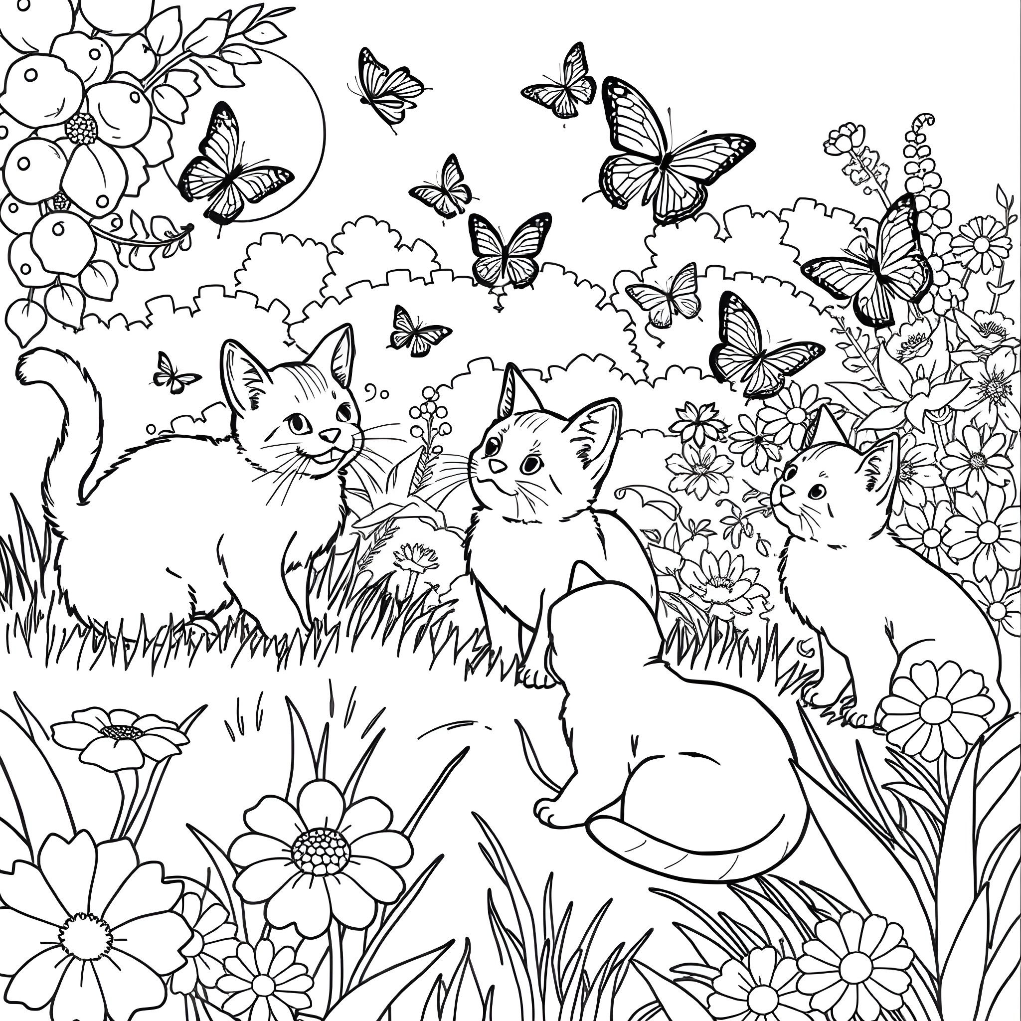 Cats playing in a floral garden with butterflies Coloring Page (free black-and-white line drawing printable PDF for all, from beginners to advanced learners, including children, teens, adults, and seniors)