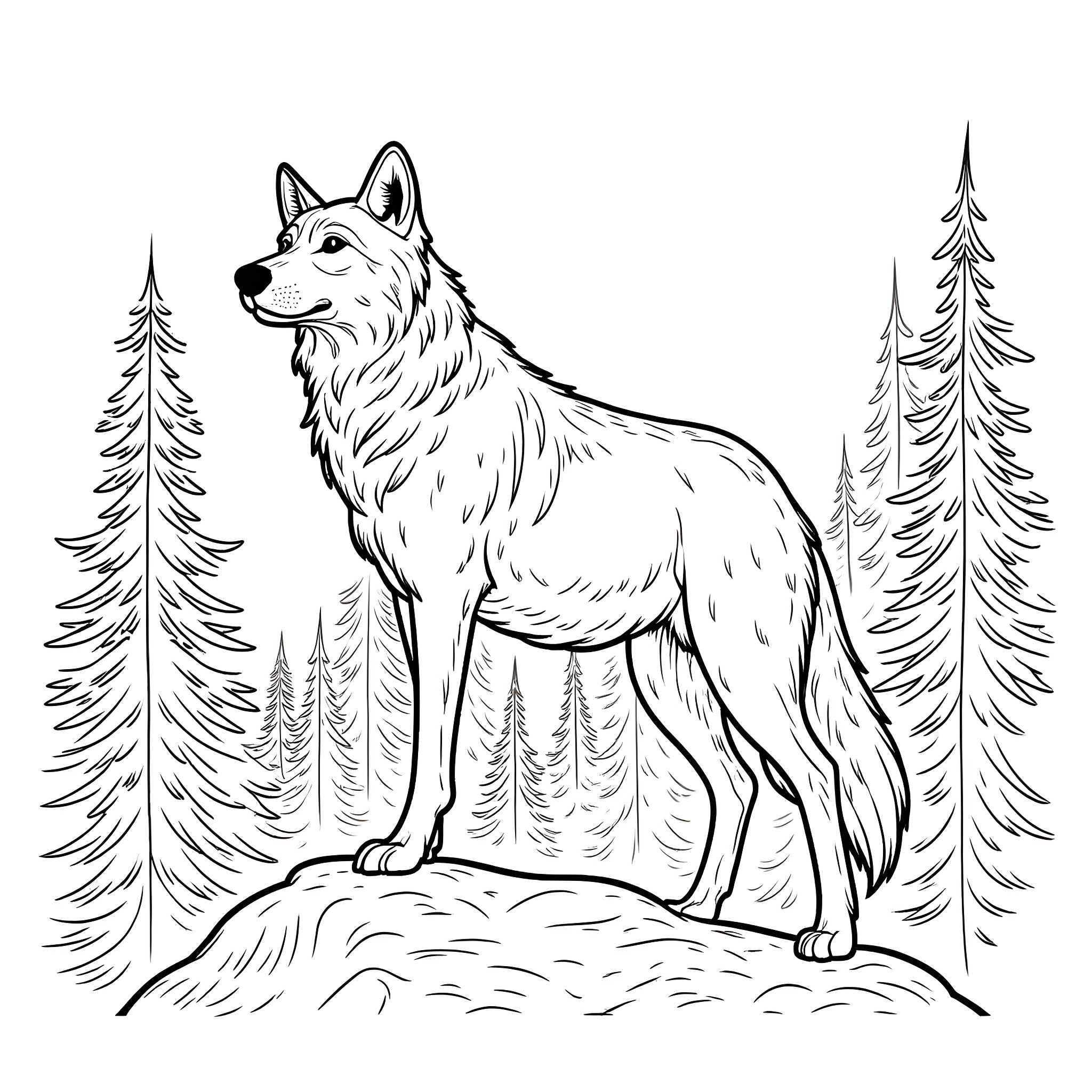 Wolf standing proudly in the forest Coloring Page (free black-and-white line drawing printable PDF for all, from beginners to advanced learners, including children, teens, adults, and seniors)